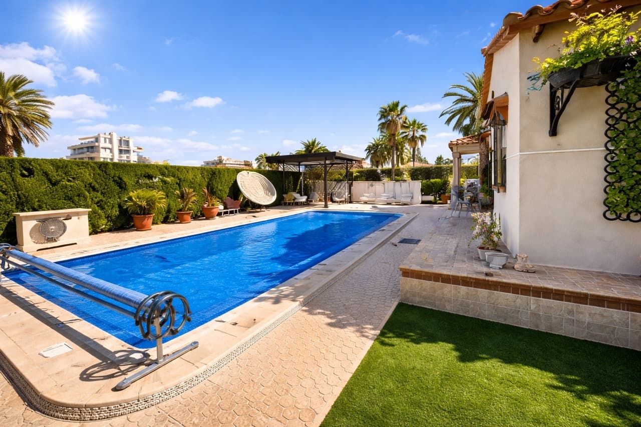 Set on a generous 800m² plot in the highly sought-after beachside area of Cabo Roig, this beautifully maintained 3-bedroom, 2-bathroom villa offers the perfect blend of space, privacy, and authentic Spanish charm — all on one convenient level.Immaculate throughout, the home exudes warmth and character from the moment you step inside. Traditional Spanish features blend effortlessly with bright, spacious interiors, creating a welcoming atmosphere that feels both elegant and comfortable. Every room has been lovingly cared for, making this a truly move-in-ready property.The villa boasts three generous bedrooms and two well-appointed bathrooms, offering comfortable accommodation for family and guests alike. The spacious living areas provide plenty of room for relaxing or entertaining, while large windows allow natural light to flood the home, enhancing its airy feel.Outside, the expansive 800m² plot offers exceptional privacy and beautifully maintained grounds. The private swimming pool is the centrepiece of the outdoor space — perfect for cooling off in the summer months or enjoying long days in the Mediterranean sunshine. There is ample terrace space for dining, lounging, and entertaining, surrounded by mature planting that enhances the villa’s charm and seclusion.A private garage adds further convenience and secure parking, completing this superb offering.Located just a short stroll from the beach in Cabo Roig, this immaculate, single-level villa is a rare opportunity to own a spacious, character-filled home in one of the Costa Blanca’s most desirable coastal locations.