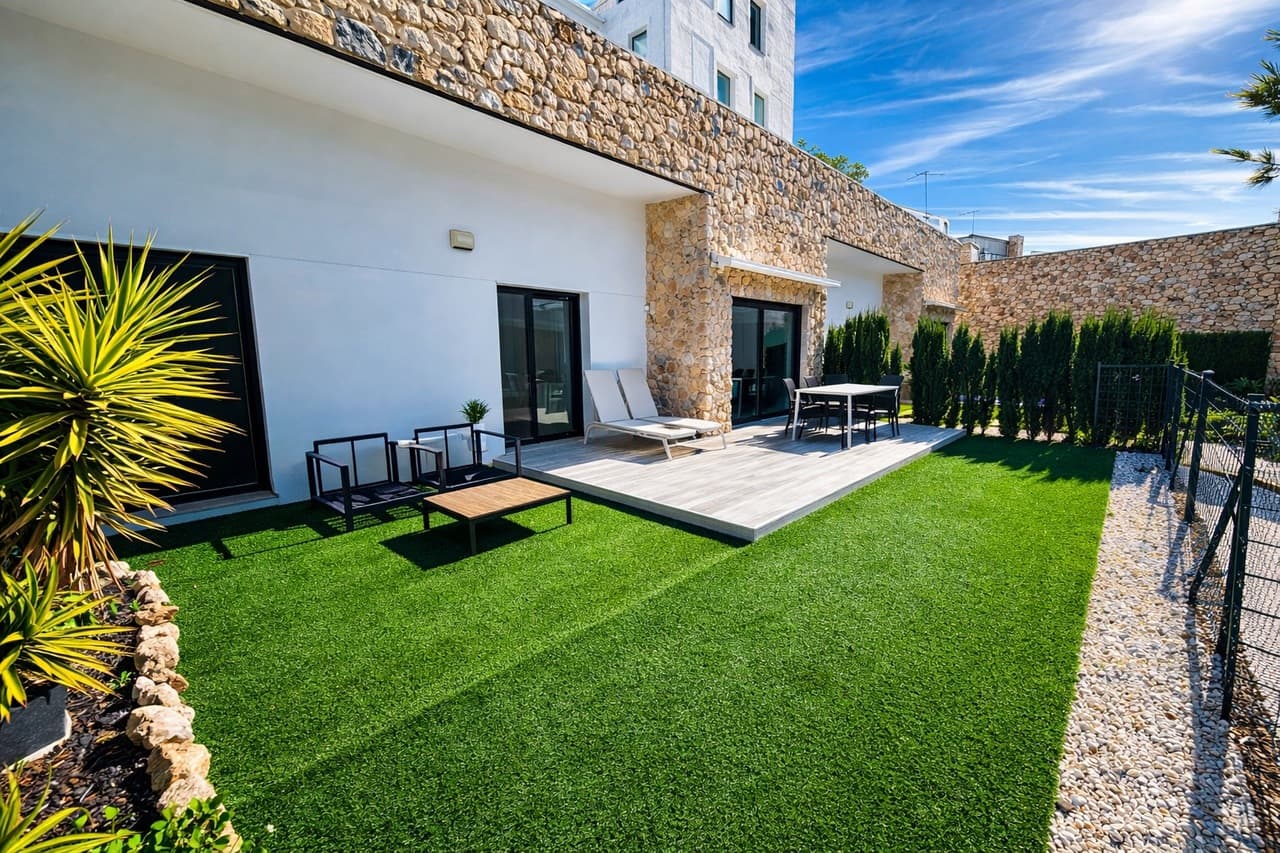 This impressive ground-floor apartment offers bright, contemporary living with a stylish open-plan layout. Large double patio doors open onto a private garden with an electric awning, providing direct access to the immaculately kept communal gardens and swimming pool, which also includes a separate children’s pool. Both spacious double bedrooms have direct access to the garden, while the principal bedroom benefits from its own en-suite bathroom. The apartment features built-in wardrobes in both bedrooms and ducted air conditioning throughout, providing both cooling and heating for year-round comfort. Additional benefits include a private underground parking space, a secure storage room, and an active tourist licence.Located within the sought-after Soleil complex, the property is within easy walking distance of local amenities and Villamartín Plaza. A short drive takes you to the popular La Zenia Boulevard shopping centre, renowned golf courses, and the stunning beaches and marinas of Orihuela Costa. The area also offers a wide range of leisure activities, including cinemas, restaurants, shopping, sports facilities, water parks, bowling, karting, diving, and much more.