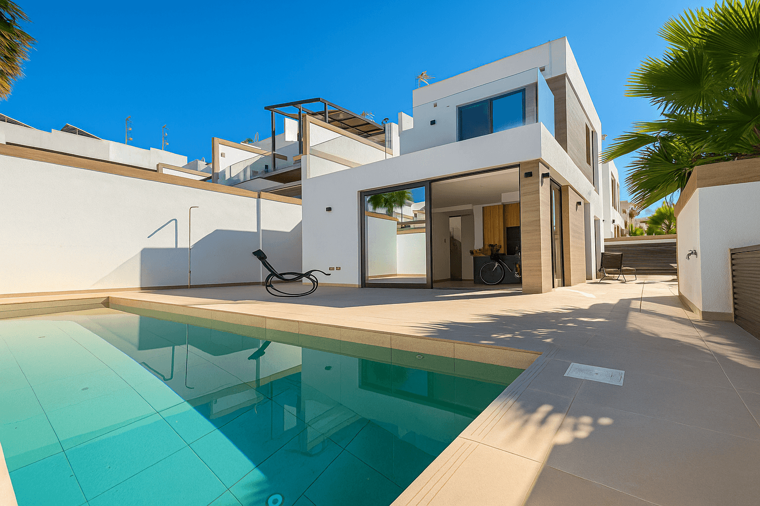 Beautiful independent House / Chalet for Sale with 3 bedrooms and 3 bathrooms. The incredible high quality and modern finishes make it unique. The first room has its own bathroom, and there is also a guest bathroom. The large kitchen-living room is perfect for family gatherings. On the upper floor there are 2 bedrooms and a shared full bathroom. Enjoy the large terrace overlooking the pool. The fully finished and high quality basement offers a large space and a full bathroom. With 175 m² built, this second-hand property is in good condition. It does not have heating. West orientation. Do not miss this opportunity!