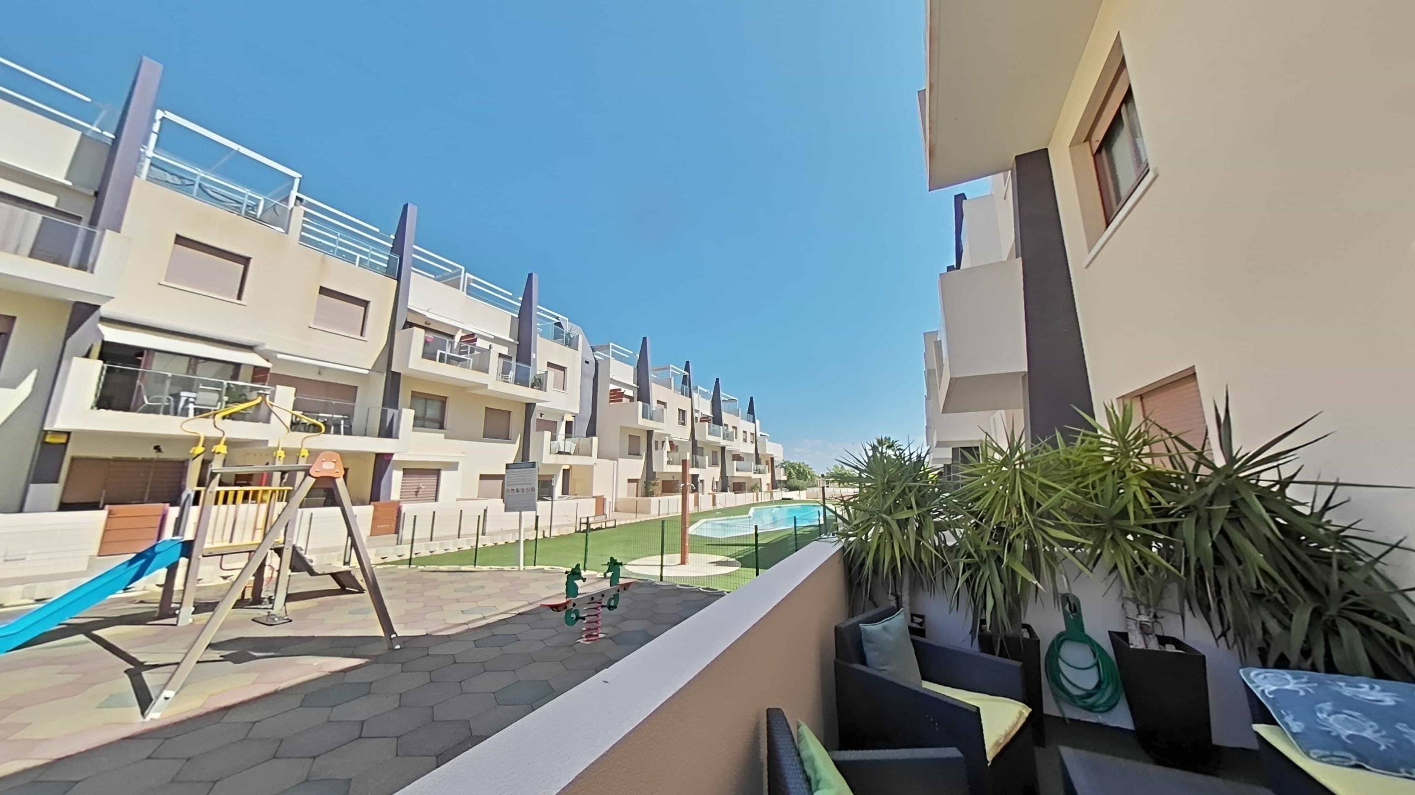 Discover this magnificent 2020 home, fully renovated and furnished, ready to move in. It is a ground-floor bungalow with an elevator, very bright thanks to its north-south orientation, ideal for enjoying the Mediterranean breeze all year round. The property features 2 spacious bedrooms and 2 full bathrooms, as well as two terraces perfect for relaxing or sharing moments with family and friends. It also includes a storage room and garage, providing convenience and extra space for storage. The bungalow offers a high level of comfort with central heating and communal areas designed for enjoyment: a community pool, large gardens, and a playground next to the pool, perfect for families. The location is unbeatable: very close to Mil Palmeras beaches, as well as supermarkets, restaurants, schools, and a health center, making this property a perfect option for both permanent residence and vacations. In short, a modern, bright home with all the comforts in one of the most sought-after areas of the Costa Blanca.