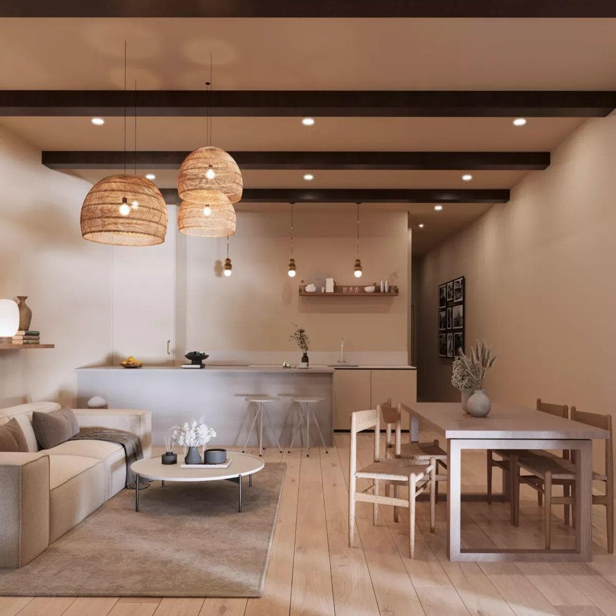 Situated two level above the street, this apartment ensures privacy and includes a charming private courtyard. Upon entering from the staircase, you’ll find practical clothes storage, leading through the corridor to both the private bedrooms and the inviting living room seamlessly connected to the modern and subtly designed kitchen. The living room features a small balcony and a splendid bay window overlooking the street. The smaller bedroom accommodates a bed, clothes storage, and space for a small desk.   The guest bathroom boasts its own shower and shares the same exclusive material composition as the master bathroom.  The interior and exterior visualizations may differ slightly from the final design of the apartments and building.