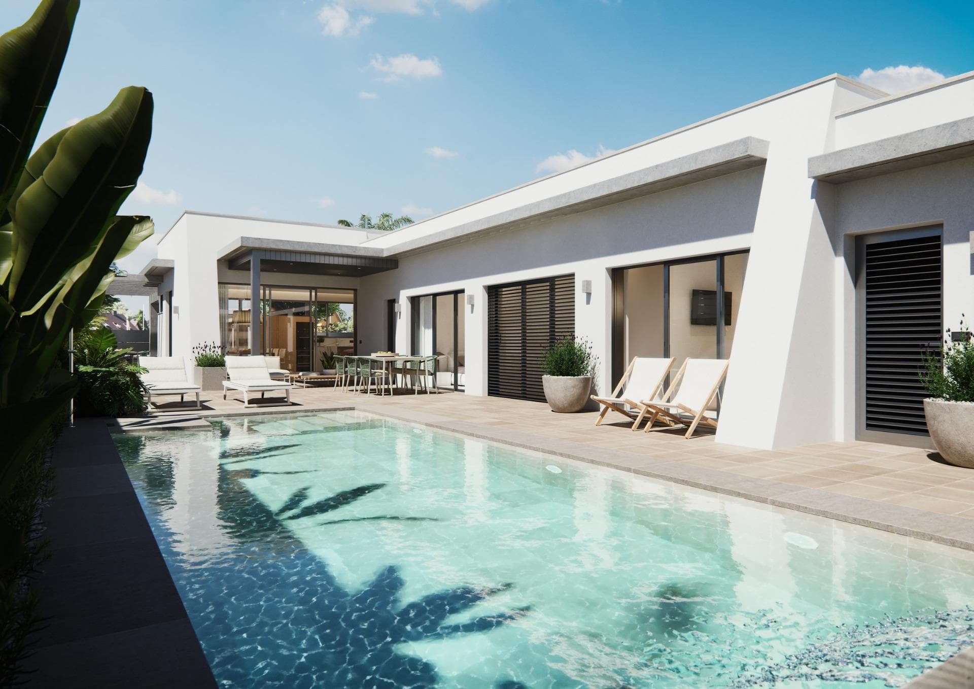 NEW BUILT VILLA ON A FLOOR&#13;&#13; Three exclusive villas in a residential area in San Javier with 600 m2 of plot and 217 m2 of built area on one floor, private pool and large garden areas.&#13;&#13; Residential with an architectural design based on clear, cubic and functional lines in an exclusive residential enclave in San Javier (Murcia).&#13;&#13; Automated garden and garage access doors with infrared remote control.&#13;&#13; Large covered garage for two vehicles with separate entrance.&#13;&#13; Gardens with a water drainage system on the floor, completely finished and customizable including vegetation, irrigation and lighting.&#13;