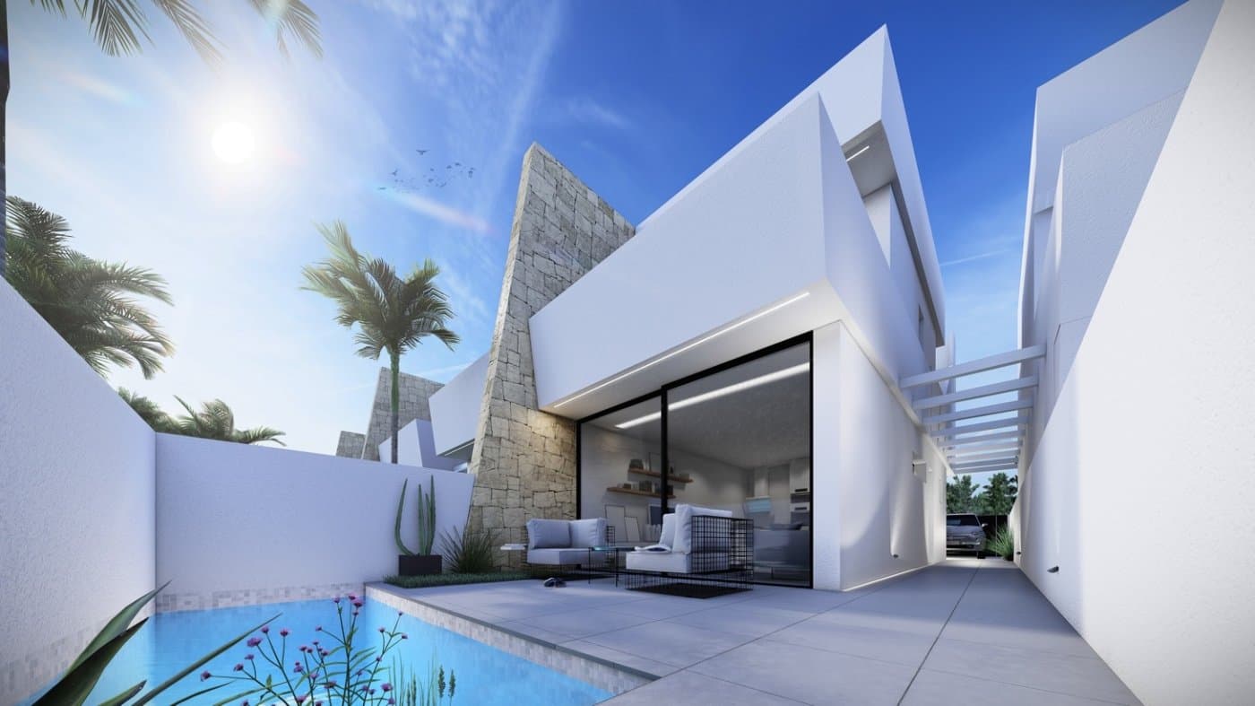 NEW BUILD SEMI DETACHED VILLAS IN SANTIAGO DE LA RIBERA

 New Build residential of detached and semi detached villas with private pools in Santiago de la Ribera (650 metres from the beaches)

 Properties designed to provide the very best open plan living space, featuring double full glass sliding doors that open directly on to a large terrace with private swimming pool, terrace and parking area.

 Villas offer 3 generously sized bedrooms (first floor with en-suite), and a further bathroom on the ground floor with walk in shower. 

 The ground floor living area features a fully fitted kitchen with drop down table open plan lounge / dining area, fully fitted kitchen zone with appliances, exterior storage room and terraced areas to the side of the villa, from master bedroom and from the lounge area.

 The villas are perfectly situated as they are walking distance to Dos Mares shopping centre and many other shops, bars, restaurants and the beautiful beaches of the Mar Menor. 

 The Wednesday &amp; Saturday street market is just 150 metres away.

 Only 20 minutes to the popular Zenia Boulevard, 30 minutes from Cartagena city.

 This area offers a variety of sports activities, including seasonal water sports … With some particularly good golf courses very close by!

 Santiago de la Ribera is a coastal town administratively dependent on the municipality of San Javier. It has 4 km of beach that are a great attraction for tourists from different origins.

 Murcia/Corvera airport is 30 minutes away and Alicante airport is an hour drive away.