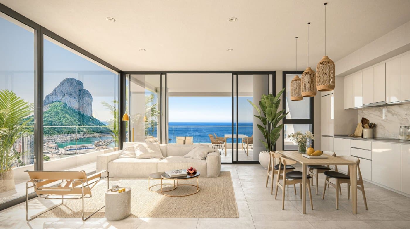 NYBYGG LUKSUS PENTHOUSE MED HAVUTSIKT I CALPE

 Nybygget boligkompleks med 1, 2 og 3 soverom leiligheter med store terrasser i Calpe.

 To tårn på 18 etasjer med flotte leiligheter med utsikt over havet og saltsjøen i Calpe.

 Komplett installasjon av luftkondisjonering med kanal, med pumpe
 av kulde og varme, av aerotermisk termostat inn
 stue.

 Store fellesarealer med hager, svømmebasseng, paddletennis, barneområde. I 11. etasje i tårn 1: evighetsbasseng, badstue, treningsstudio og avslapningsområde med havutsikt.

 Calpe, en av byene La Marina Alta, ligger på nordkysten av provinsen Alicante, omgitt av byene Altea, Benidorm, Teulada-Moraira, Benissa.

 Calpe har en herlig blanding av gammel valenciansk kultur og moderne turistfasiliteter. Det er en flott base for å utforske lokalområdet eller nyte de mange lokale strendene.

 Calpe alene har tre av de vakreste sandstrendene på kysten.

 Calpe har også to seilklubber: Real Club Náutico de Calpe og Club Náutico de Puerto Blanco.

 Fiskerlandsbyen Calpe nå forvandlet til en turistmagnet, byen har en ideell beliggenhet, lett tilgjengelig fra motorveien A7 og N332 som går fra Valencia til Alicante; Det er ca. 1 times kjøring fra flyplassen i Alicante og 1,5 time til Valencias flyplass.