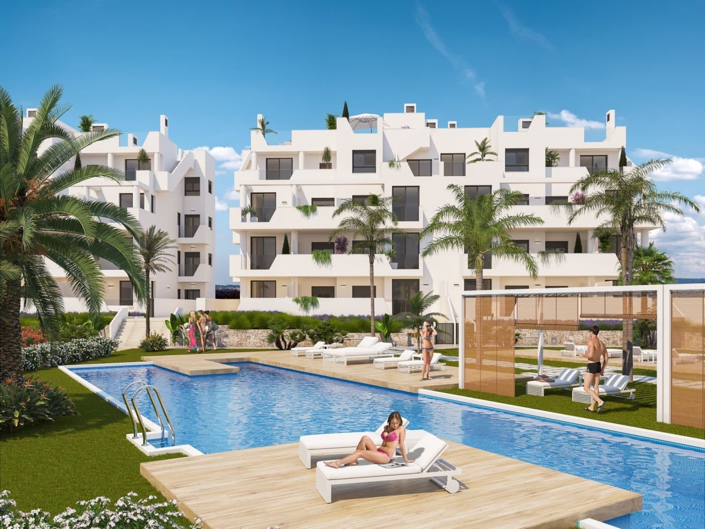 NYBYGG BOLIG I PRIVAT GATED RESORT I MURCIA-PROVINSEN

 Nybygget boligkompleks har 60 leiligheter fordelt på 4 blokker med terrasser for første, første og andre etasje, felles svømmebasseng, oppvarmet svømmebasseng og solarium med sommerkjøkken på toppleilighetene, for å nyte alle soltimer hver dag hele året.

 Eiendommene har 2 soverom og 2 bad samt parkeringsplass og bod i kjeller.

 Disse boligene er designet med en moderne stil og åpen planløsning, som består av et fullt utstyrt kjøkken og stue/spisestue.

 Eiendommene vil oppfylle de høyeste standarder og inkluderer:

 Kjøkken komplett møblert og utstyrt med stekeovn og mikrobølgeovn i søyle, integrert kjøleskap og oppvaskmaskin, induksjonstopp og avtrekksvifte.
 LED-belysning: inne i eiendommen (spisestue, kjøkken, korridorer og bad), samt i uteområder.
 Fôrede garderober med skuffer.
 Motoriserte persienner på soverom.
 Gulvvarme på bad.
 Fullt utstyrt bad med toalett, servantskap, speil, dusj med regneffekt og skjermpaneler.
 Pre-installasjon for kanalklimaanlegg.
 Forhåndsinstallasjon av ladepunkt for elbiler.
 Solarium med sommerkjøkken, med forhåndsinstallasjon for elektriske apparater.
 Felles svømmebasseng.
 Oppvarmet svømmebasseng.
 Parkeringsplass og bod i kjeller.

 Ligger i et privat inngjerdet feriested, med hovedinngang og 24 timers vakthold. Feriestedet er designet rundt et imponerende grøntområde på 126.000 m2.

 Den består av gang- og sykkelstier, sportsfasiliteter, padle- og tennisbaner, en minigolfbane, hager, hundeparker, fritidsområder, klubbhus... Også i det sentrale området er juvelen til feriestedet, en krystallklar kunstig innsjø på nesten 17.000m2 vannflate, omgitt av hvite sandstrender og palmetrær, som bringer et stykke av Karibien til Murcia-regionen.

 Det er 2 øyer i innsjøen, en av dem har sin egen bar, det er også "strand Chiringuitos" spredt rundt innsjøen.

 Anlegget har en strategisk beliggenhet mindre enn 4 km fra stranden og byen Los Alcázares, hvor du kan utøve ulike vannsporter, omgitt av flere golfbaner og byen Cartagena mindre enn 15 minutter med bil og 22 km fra Murcia flyplass, har derfor et bredt kultur-, gastronomisk- og sportstilbud innen rekkevidde.