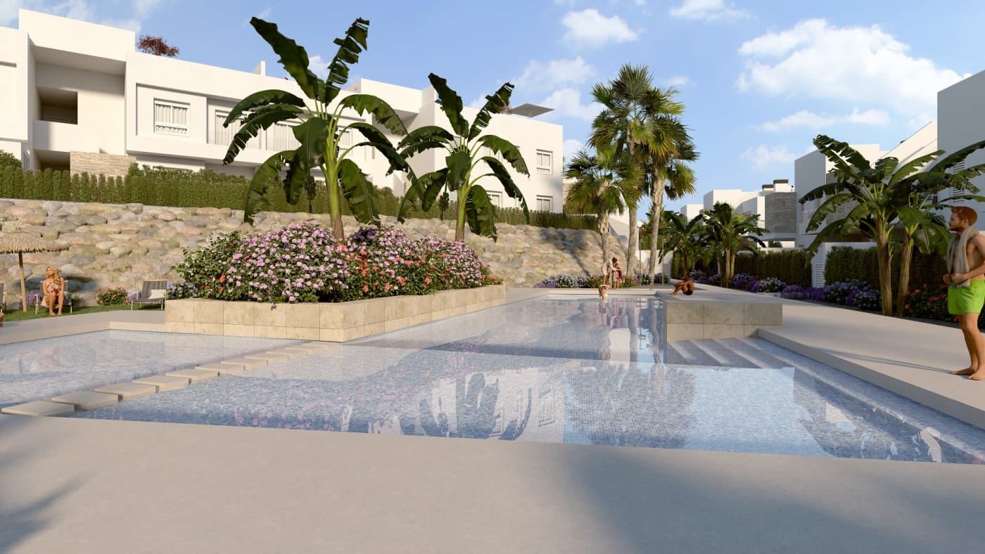 NEW BUILD RESIDENTIAL COMPLEX IN ALGORFA&#13;&#13; New Build residential complex of independent or semi-detached villas and apartments with amazing communal pool and green areas in La Finca Golf course, Algorfa.&#13;&#13; These sunny bungalow apartments are distributed in two blocks, has 2 and 3 bedrooms, 2 bathrooms, open plan kitchen with the lounge area, fitted wardrobes.&#13;&#13; Ground floor bungalow with private garden and top floor bungalows with private solarium.&#13;&#13; An options underground parking space and storeroom at an extra cost.&#13;&#13; Residential complex located in La Finca Golf resort, in the municipality of Algorfa, in the Vega Baja area of the Costa Blanca South.&#13;&#13; Only 15 minutes drive from the sandy beaches of Guardamar del Segura, and only 35 minutes from Alicante airport.&#13;&#13; The larger towns of Almoradi, Benijófar and Ciudad Quesada are a short drive away.&#13;&#13; Torrevieja and Orihuela Costa, with their large shopping centres, are 15 minutes away.&#13;