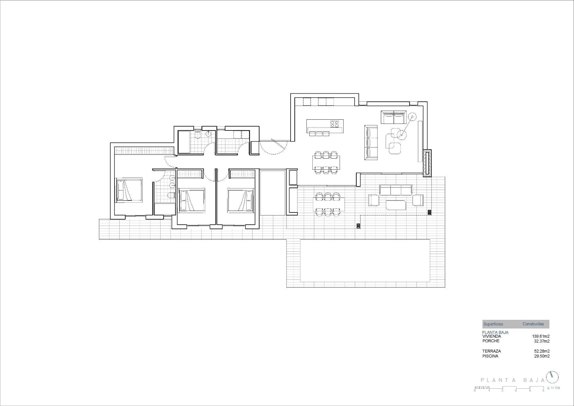NYBYGG VILLA I CALPE&#13;&#13; Nybygget villa beliggende i et av boligområdene foretrukket av alle innbyggerne i Calpe, på grunn av sin nærhet til sentrum, strendene og samtidig fordi det er et rolig, men trygt område, siden det ligger i utkanten. av sentrum.&#13;&#13; Eiendommen er planlagt i en etasje, noe som gjør dette prosjektet praktisk og komfortabelt.&#13;&#13; Hele tomten er inngjerdet og har en hekk av sypresser innvendig, noe som gir privatliv og hyggelig miljø.&#13;&#13; Fra hovedinngangen til huset har vi tilgang til en hall, hvorfra vi til venstre tilgang til dagområdet, bestående av stue med spisestue og åpen kjøkkenløsning med øy. Fra stuen har vi tilgang til utsiden, hvor vi har en overbygd veranda med grill og en stor terrasse med svømmebasseng på 40m2.&#13;&#13; På høyre side av huset er soveområdet, med 4 soverom: hovedsuiten med omkledningsrom og bad, et annet soverom med eget bad og ytterligere to soverom som deler bad. Det er også et vaskerom.&#13;&#13; Utenfor er det en parkeringsplass med pergola i form av et seil for to biler.&#13;&#13; Calpe, en av byene La Marina Alta, ligger på nordkysten av provinsen Alicante, omgitt av byene Altea, Benidorm, Teulada-Moraira, Benissa.&#13;&#13; Calpe har en herlig blanding av gammel valenciansk kultur og moderne turistfasiliteter. Det er en flott base for å utforske lokalområdet eller nyte de mange lokale strendene. Calpe alene har tre av de vakreste sandstrendene på kysten.&#13;&#13; Calpe har også to seilklubber: Real Club Náutico de Calpe og Club Náutico de Puerto Blanco.&#13;&#13; Fiskerlandsbyen Calpe nå forvandlet til en turistmagnet, byen har en ideell beliggenhet, lett tilgjengelig fra motorveien A7 og N332 som går fra Valencia til Alicante; Det er ca. 1 times kjøring fra flyplassen i Alicante og 1,5 time til Valencias flyplass.&#13;