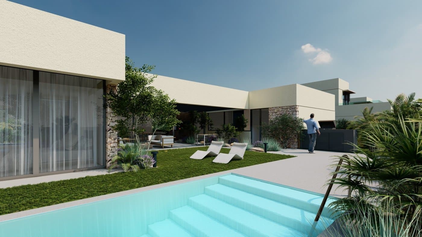 NEW BUILD VILLAS IN ALTOANA GOLF RESORT, MURCIA&#13;&#13; New Build residential of beautiful villas in Altaona Golf resort, Murcia.&#13;&#13; Villa has 4 bedrooms, 3 bathrooms, open plan kitchen with the lounge area abd direct access to the garden with private pool and parking space. &#13;&#13; Villas are designed specifically to provide endless views of the golf course, lakes and distant countryside, from inside or out.&#13;&#13; South-facing gardens and terraces ensure that you can enjoy the warm winter sun, and generous glass windows provide additional views over the region from the comfort of the interior.&#13;&#13; Villas have been crafted to maximize comfort, privacy and efficiency. indigenous plants have been placed on the rooftops to create the feeling of another natural space&#13;&#13; Located in a privileged environment where we can live quietly, in contact with nature and the mountains, we achieve quality of life, fresh air and open spaces.&#13;&#13; Exclusive New Build residential located in Altaona Golf just 15 minutes by car from the centre of Murcia capital and 15 minutes from the beaches you can enjoy the tranquillity and security offered by the Golf Course that has 18 holes and the comfort to live close to all services.&#13;&#13; Included in the spacious resort are all kinds of services such as a shopping center, tennis, paddle and basketball courts. The front gate is always staffed, making Altaona a place where children can safely play outside. In total, some 500 homes are added to make up the Altaona resort, spread over an area of ​​3.6 million m2.&#13;&#13; Here are a few local highlights:&#13; • Murcia center: 15 minutes.&#13; • Beach: 20 minutes.&#13; • Corvera Airport: 20 minutes.&#13; • Alicante Airport: 45 minutes.&#13; • Shopping Center (La Alberca): 8 minutes.&#13; • Hospital: 10 minutes&#13;