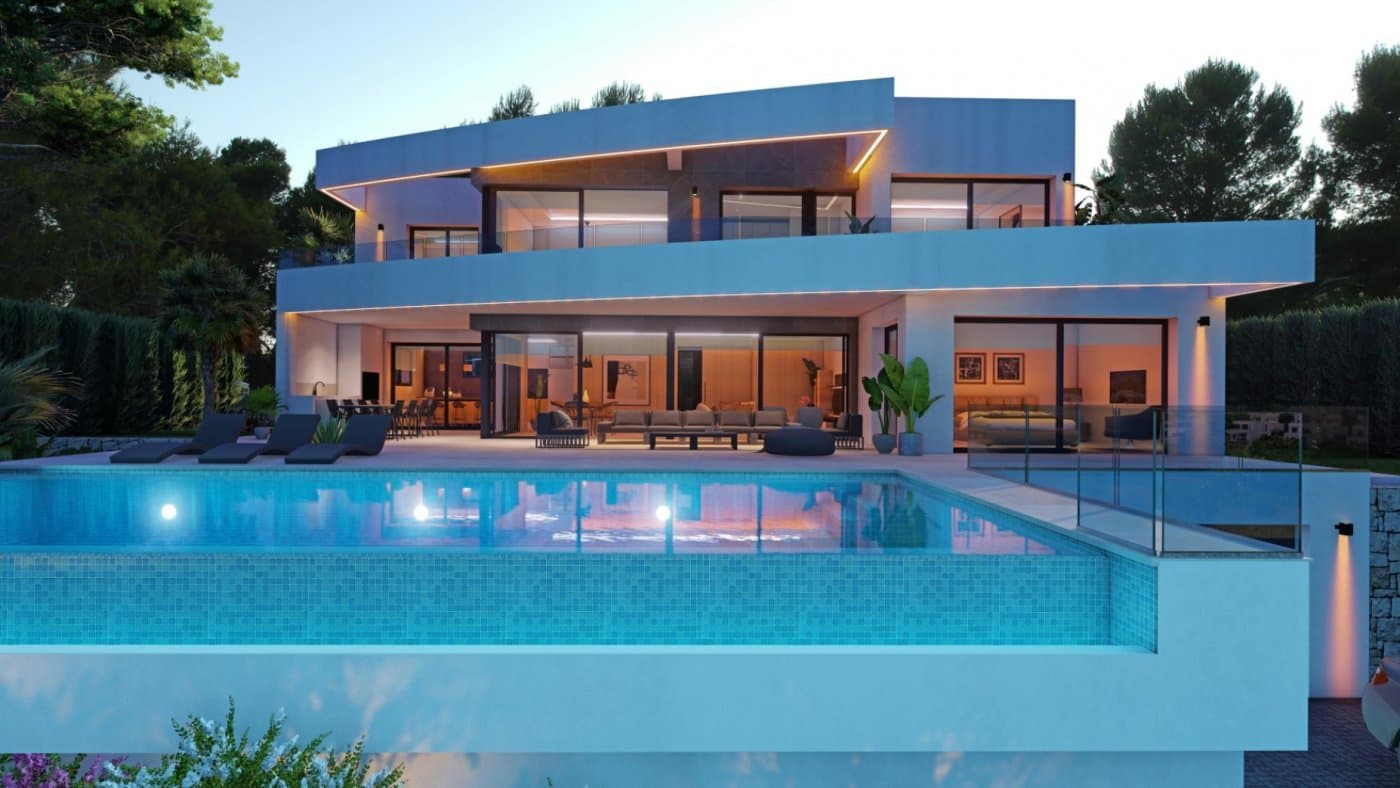 LUXURY NEW BUILD VILLA IN MORAIRA

 New Build Luxury villa with the best qualities, and within walking distance of the beautiful beaches and the center of Moraira.

 This luxury villa is distributed over 3 floors: on the ground floor (147.30m2) there is a large bright living room next to the open kitchen with a cooking island, a guest toilet and a bedroom with an en-suite bathroom. On the outside of this floor we find the swimming pool and the barbecue area. 
 Then we go up to the upper floor (133.65m2) where we find 3 spacious rooms with their bathroom en suite. 
 Finally the basement floor, where it leads to a double garage and laundry.

 EXTRAS: Technal carpentry with safety glass, full kitchen with Siemens appliances, full Roca brand bathrooms and taps, LED lighting, aerothermal system for hot water and underfloor heating, ducted air conditioning (hot and cold) throughout the house, solar panels, fitted wardrobes, electric shutters, interior alarm, pre-installation of exterior alarm and security cameras. Rectangular pool with overflow system of 12x4.5 meters, barbecue area of ​​22m2, laundry room, finished garden. 
 Automatic access doors. 
 Energy classification A. 
 South orientation.

 Moraira is a small town with good restaurants, bars and plenty of supermarkets around.

 There is a very pleasant beach right next to town that is great for families. 

 The seafront offers tremendous views of Penon Ifach across the bay in Calpe. The coast road getting there is well worth doing with some spectacular views.

 Moraira situated about 1 hour 15 minutes North up the A7 from Alicante airport its fairly easy to get to. It's about the same distance or a little less South from Valencia airport.