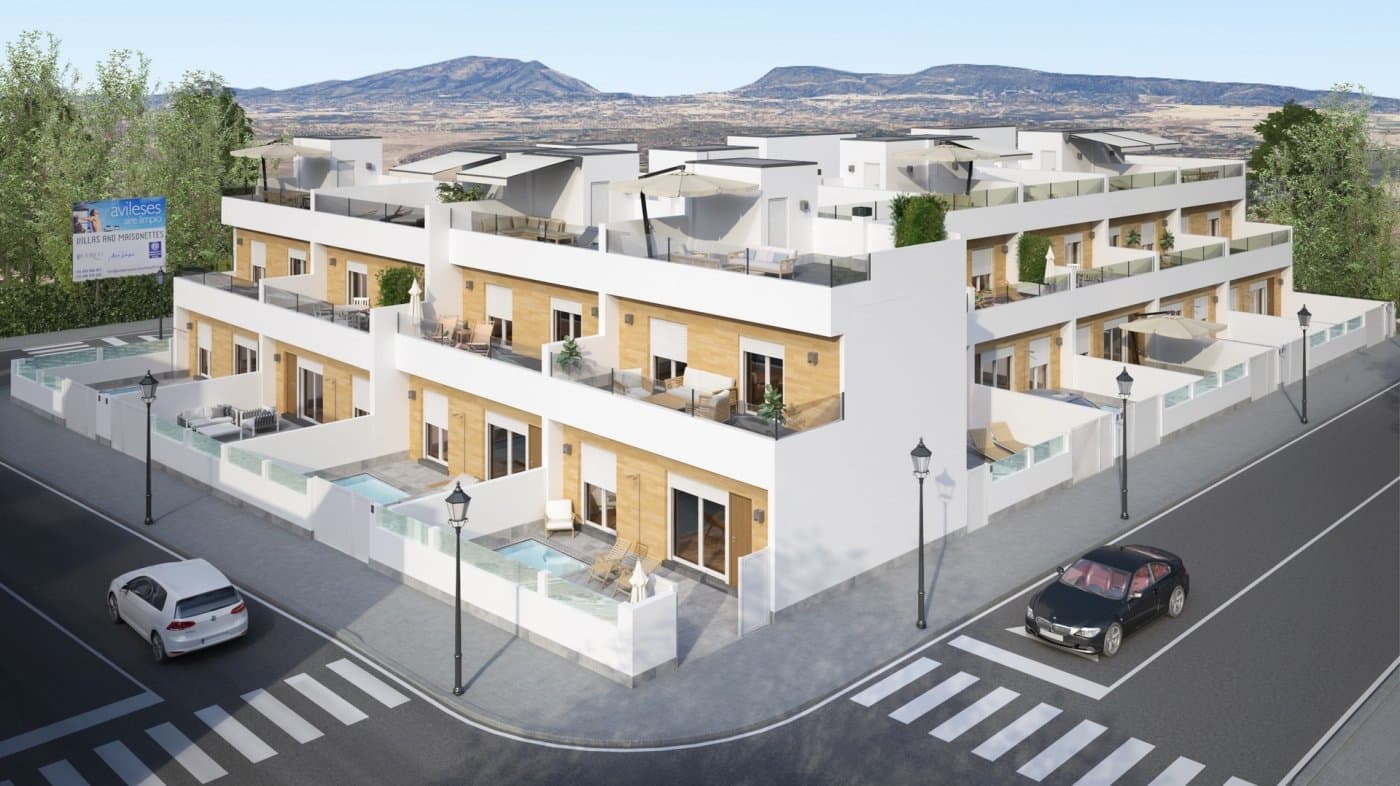 ADOSADOS DE OBRA NUEVA EN AVILESES

 Complejo residencial de 14 adosados en Avileses, Murcia.

 Los adosados cuentan con diferentes zonas de terrazas y amplio solarium, lo que permite disfrutar de todas las horas de sol todos los días del año, con piscina privada y aparcamiento en la parcela.

 Cada vivienda dispone de 3 dormitorios y 2 baños. Las propiedades han sido diseñadas en tres niveles con un estilo contemporáneo y un concepto abierto, que comprende una cocina totalmente equipada y un salón-comedor.

 Las propiedades cumplirán con los más altos estándares y estarán equipadas con:
 Piscina privada .
 Cocina completamente amueblada y equipada con electrodomésticos Balay: placa vitrocerámica, horno y microondas en la parte superior, campana extractora, nevera integrada y lavavajillas.
 Cuartos de baño totalmente equipados con: inodoro suspendido, mueble de tocador, espejo y columna de ducha de lluvia.
 Armarios forrados con cajones.
 Iluminación interior en cocina, salón, pasillo y baños con focos led. Focos led integrados en la pared del jardín y solarium.
 Preinstalación de aire acondicionado.

 La promoción se encuentra en Avileses (Murcia), rodeada de todos los servicios e instalaciones deportivas, cerca de varios campos de golf como La Torre Golf y Hacienda Riquelme, además de estar a 20 minutos en coche del aeropuerto de Murcia y a 15 minutos del Mar Menor y las playas del Mediterráneo.