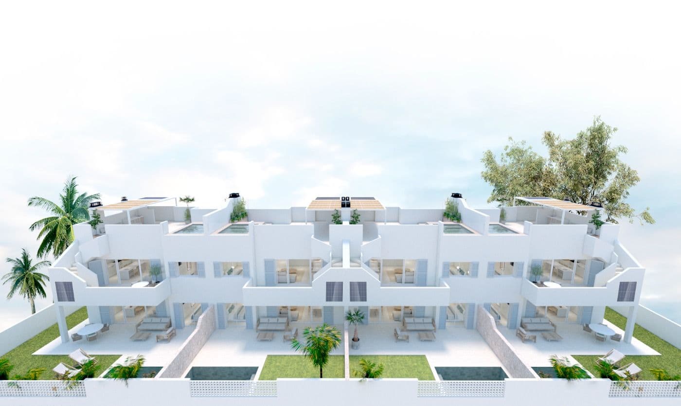 NEW BUILD RESIDENTIAL COMPLEX IN TORRE DE LA HORADADA

New Build residential complex of bungalow apartments in Torre de la Horadada only 450m from the beach.

All properties has 3 bedrooms, 2 bathrooms, open plan kitchen with the lounge area, fitted wardrobes and terrace.

Beautiful bungalows on the ground floor has private garden with the pool, bungalow on the top floor has private solarium with the pool.

All properties has private parking.

Torre de la Horadada is located south of Alicante in a beautiful location on the coast.

The beautiful beaches of Torre de la Horadada and Mil Palmeras have fine sand beautiful promenade.

There are lots of restaurants, bars and shops, also water sports, diving and snorkelling.

It is well connected just 40 minutes from Alicante and Murcias Corvera airports, with large commercial shopping centres and multiple golf courses all within easy reach.
