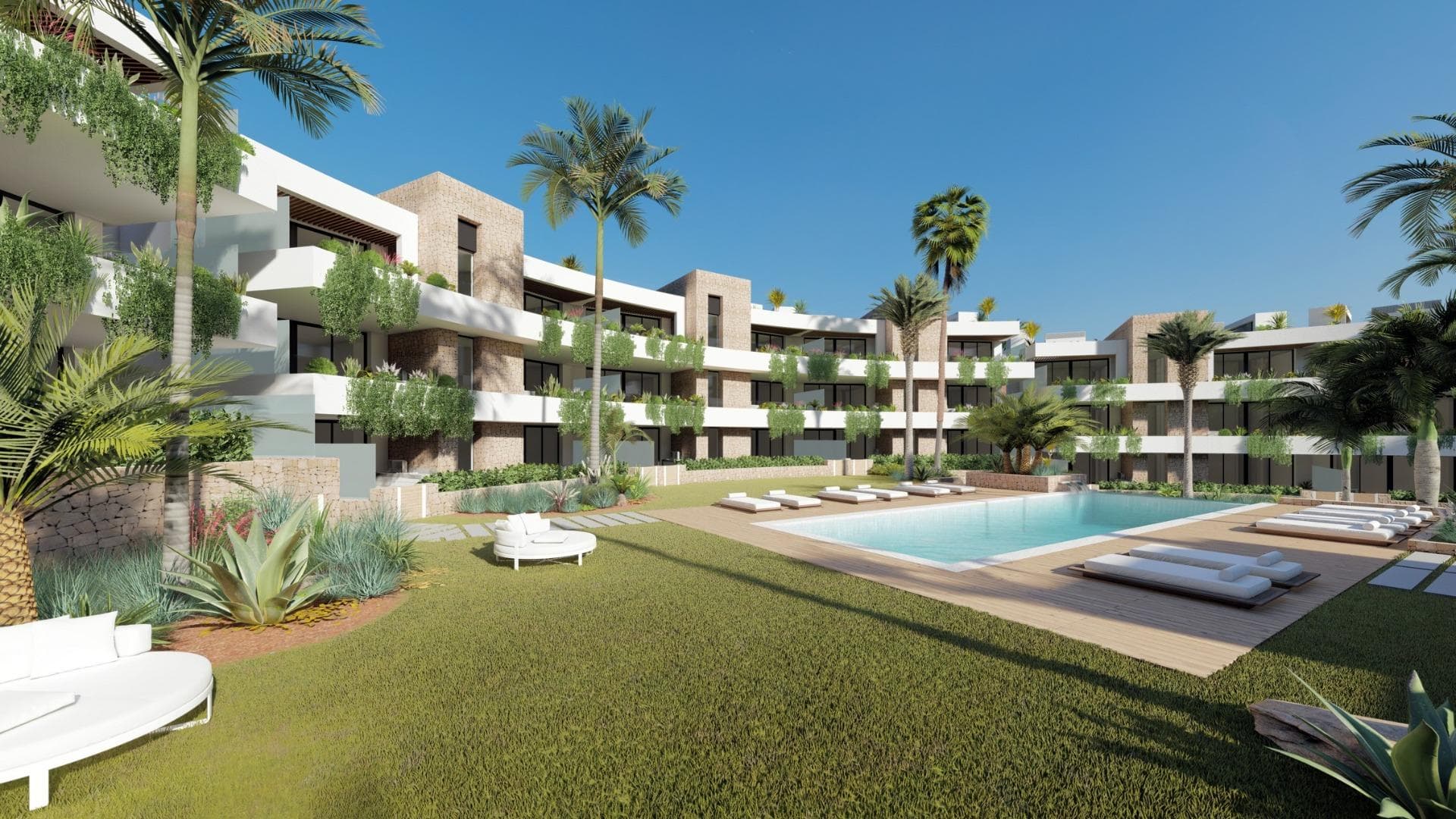 NYBYGG BOLIGKOMPLEKS I LA MANGA CLUB RESORT 

Nybygde eksklusive boliger med 42 leiligheter som er ideelle for personlig bruk eller investering i en av de berømte La Manga Club Resorts.
Disse moderne, lyse boligene har fantastisk utsikt over Mar Menor, og de romslige terrassene og fellesbassenget lar deg nyte middelhavssolen til det fulle. 
Dette er den siste sentrale utviklingen av nybygde boliger på La Manga Club, bare en 5-minutters spasertur fra alle butikker og restauranter. 
Sportsrettigheter er inkludert, og hvert hjem inkluderer et lagringsanlegg.

Innvendige dører med ett blad på 210x82,5x4 cm, av MDF-plate, forhåndslakkert i hvitt, med horisontale spor hver 50 cm. Prefabrikert innebygd skap med skyvedører, av MDF-plater, forhåndslakkert i hvitt.

På bad, flislegging med porselen steintøy, størrelse 60 x 30 cm, satt på en støtteflate av laminert gipsplater innvendig vegg. I kjøkken, flislegging med porselen steintøyfliser, størrelse 60 x 30 cm, satt på en støtteflate av laminert gipsplater innvendig vegg.

Aerotermisk varmesystem, klimaanlegg og sanitært varmt vann. Viftekonvektorer med høy effektivitet. DOUBLE FLOW mekanisk kontrollert ventilasjon.

Pansret inngangsdørblokk. Hvit finish. Sikkerhetsklasse 3. Sammenleggbar metallport for kjøretøytilgang. Ensidig metallport med manuell åpning for fotgjengere.

La Manga Club er et av Europas ledende sports- og fritidssteder. Omkranset av naturparker og uberørte strender, har den privilegerte beliggenheten eksklusiv ferie- og boliginnkvartering på den spanske middelhavskysten.
La Manga Club ble grunnlagt i 1972 og er et varmt, trygt og levende samfunn som lenge har tiltrukket seg familier og golfelskere med sitt mangfoldige og enestående fritidstilbud.

La Manga Club har utmerkede flyforbindelser. De lokale flyplassene i Corvera (bare 50 km unna) og Alicante (mindre enn 100 km unna) tilbyr regelmessige flyvninger til resten av Europa, noe som gjør det enkelt å komme til og fra feriestedet.