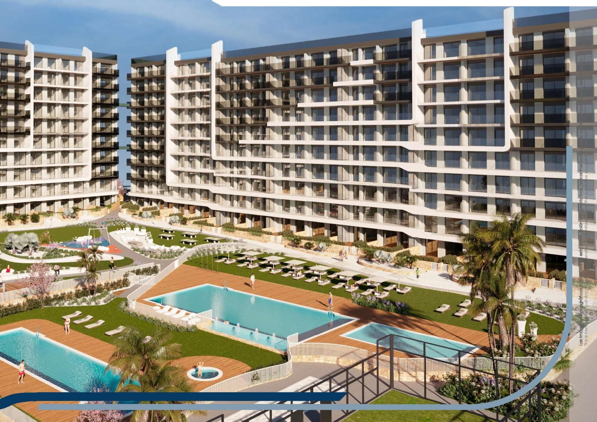 NEW BUILD RESIDENTIAL COMPLEX IN PUNTA PRIMA

New Build residential complex of 220 apartments in Punta Prima, Torrevieja.

Apartments with 2 and 3 bedrooms and 2 bathrooms, open plan kitchen with living room, fitted wardrobes, all of them with large terraces.

Ground floor apartments with garden and penthouses with solarium. 

All homes are delivered with an underground parking space.

The residential has garden areas with swimming pools and paddle tennis court. Children can enjoy their own children's pool, as well as a children's play area.

Punta Prima, located just 5 km from Torrevieja, is characterized by good communication and health infrastructures, the proximity to Alicante airport, and the number of services open throughout the year.

Just 10 km away we can find the golf courses of Villamartín, Campoamor, Las Ramblas, Las Colinas and Lo Romero, as well as the commercial centres of La Zenia and Habaneras.