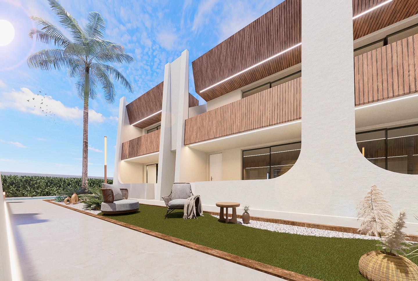 BUNGALOWS DE OBRA NUEVA EN SAN PEDRO DEL PINATAR

Moderno complejo residencial de bungalows en San Pedro del Pinatar.

Elija entre un modelo de planta baja con terraza delantera o ático loft con terraza delantera y gran solarium privado en la azotea.

Bungalows Planta Baja: La puerta principal se abre a la amplia zona de estar con comedor situado a un lado. La cocina totalmente equipada se encuentra junto a las puertas correderas que permiten la entrada de luz natural. Al lado hay un cuarto de baño con lavabo, inodoro y ducha y 2 dormitorios de tamaño generoso - el dormitorio principal con baño en-suite.

Bungalows áticos: Una escalera conduce a la zona de la planta superior con gran terraza privada de baldosas, con puerta de entrada a la propiedad. Como los modelos de la planta baja un generoso plan abierto salón / comedor con la cocina de gran tamaño - 2 dormitorios a un lado (principal con baño en-suite). Se accede al solarium privado desde la parte trasera de la cocina.

Nuestras viviendas incluyen iluminación LED interior y exterior, preinstalación de aire acondicionado, cocina equipada con placa de inducción, horno, lavavajillas, frigorífico/congelador y plaza de aparcamiento. Estas nuevas viviendas disponen de un pasillo entre cada estructura, con acceso al jardín comunitario y a la gran zona de piscina de la parte delantera.

Desarrollo de estilo de firma de sólo 12 hermosos bungalows - Todos disfrutando de una gran zona ajardinada comunitaria con piscina. 


La ubicación privilegiada de San Pedro del Pinatar en el Mar Menor y la costa mediterránea atrae a aquellos con un interés en la navegación y los deportes acuáticos, proporcionando amarres en el puerto deportivo y clubes náuticos, mientras que las playas y los baños de barro naturales atraen a aquellos que buscan sol, mar y arena.

San Pedro del Pinatar tiene una comunidad establecida y ofrece una excelente gama de actividades, incluyendo piscina cubierta e instalaciones deportivas, así como un programa de actividades sociales durante todo el año por el agradable clima invernal. Los beneficios de los baños de barro, típicos de la región, o las tranquilas aguas del Mar Menor, han favorecido el crecimiento de Lo Pagán, que actualmente cuenta con todo tipo de comodidades. Además, cuenta con una excelente ubicación, a tan sólo 5 minutos del Centro Comercial Dos Mares.

El aeropuerto de Murcia/Corvera se encuentra a 30 minutos y el de Alicante a una hora en coche.