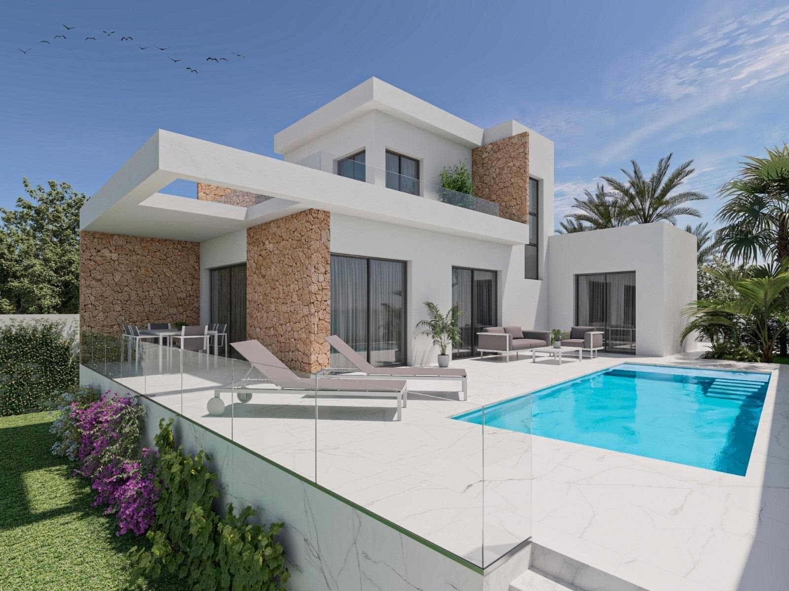 NEW BUILD VILLAS IN SAN FULGENCIO

New Build residential of 3 Modern villas in San Fulgencio.

Villas build on the plots of 500 m2 and located in residential area with all services within walking distance and short distance from the best SPA center and Water Park in the zone.

Villas build over 2 floors and have 3 bedrooms, 3 bathrooms, an open plan kitchen with living room, fitted wardrobes, terraces, private garden with the pool and parking space.

An options for private solarium at an extra cost.

San Fulgencio is a pleasant village with several restaurants and shops and the location is very good with its proximity to the fantastic beaches of La Marina and the slightly larger town of Guardamar.

The town of San Fulgencio is situated around 30 minutes from Alicante-Elche airport, 6km from the nearest golf course and just 7km from the nearest beach.