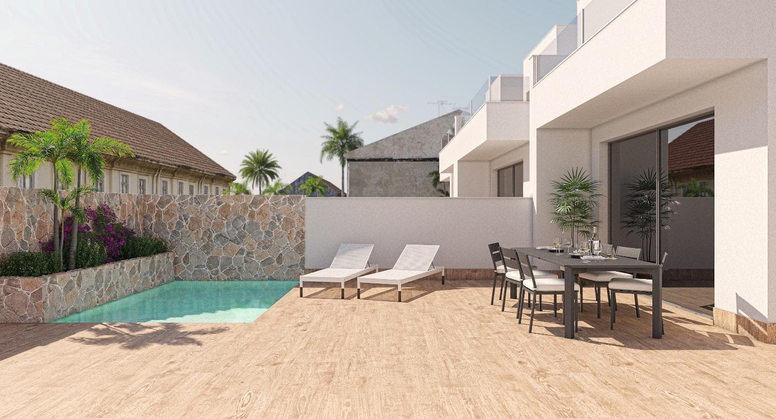 PAREADOS DE OBRA NUEVA EN EL MOJON

Vllas pareadas modernas de obra nueva con piscina privada en El Mojon, Pilar de la Horadada.

Villas modernas tienen 3 dormitorios, 2 cuartos de baño, cocina abierta del plan con el área del salón, guardarropas cabidos, solarium privado, jardín privado con la piscina y el espacio de estacionamiento del camino.

La urbanización está situada en El Mojón, a tan sólo 400m de la playa de arena y rodeada de todos los servicios, instalaciones deportivas, cerca de varios Campos de Golf y a 5 minutos de las playas del Mar Menor.