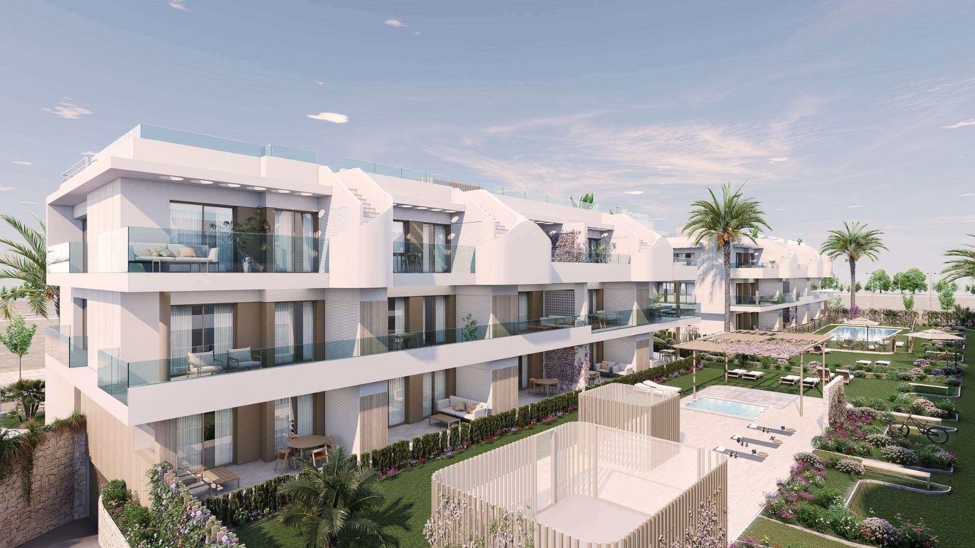 RESIDENCIAL DE OBRA NUEVA EN PILAR DE LA HORADADA

Residencial de obra nueva de apartamentos y áticos con excepcionales acabados en Pilar de la Horadada.

Apartamentos en planta baja con jardín privado, apartamentos en planta media con amplias terrazas y áticos en planta alta con solarium privado.

La cocina se entrega totalmente amueblada, dejando espacio suficiente para que usted elija los electrodomésticos según sus preferencias.

Sólo se han utilizado materiales nobles, como carpintería interior íntegramente de madera y ventanas exteriores Climalit/aluminio, ideales tanto por su diseño como por el alto nivel termo-acústico que poseen.

Todas las terrazas están orientadas al sur.

Puertas automáticas en el residencial, tanto para el acceso peatonal como para el acceso de vehículos.

El edificio está rodeado de zonas ajardinadas, contará además con piscina comunitaria, aparcamiento dentro del complejo y cada vivienda dispone de su propio trastero privado.

En las inmediaciones de este residencial encontrará todas las facilidades de transporte público, colegios, supermercados, centros comerciales, campos de golf y fantásticos parques municipales con sus zonas infantiles.

Todo a tu alcance para que disfrutes de una excelente ubicación.

Pilar de la Horadada es un típico pueblo español en la parte más meridional de la Costa Blanca.

La gran calle principal tiene supermercados, muchas tiendas, restaurantes y bares y algunas plazas encantadoras.

Las hermosas playas de Torre de la Horadada y Mil Palmeras con paseo marítimo de arena fina está a sólo 5 minutos.

Los aeropuertos de Corvera (Murcia) y Alicante están respectivamente a 40 y 55 minutos.