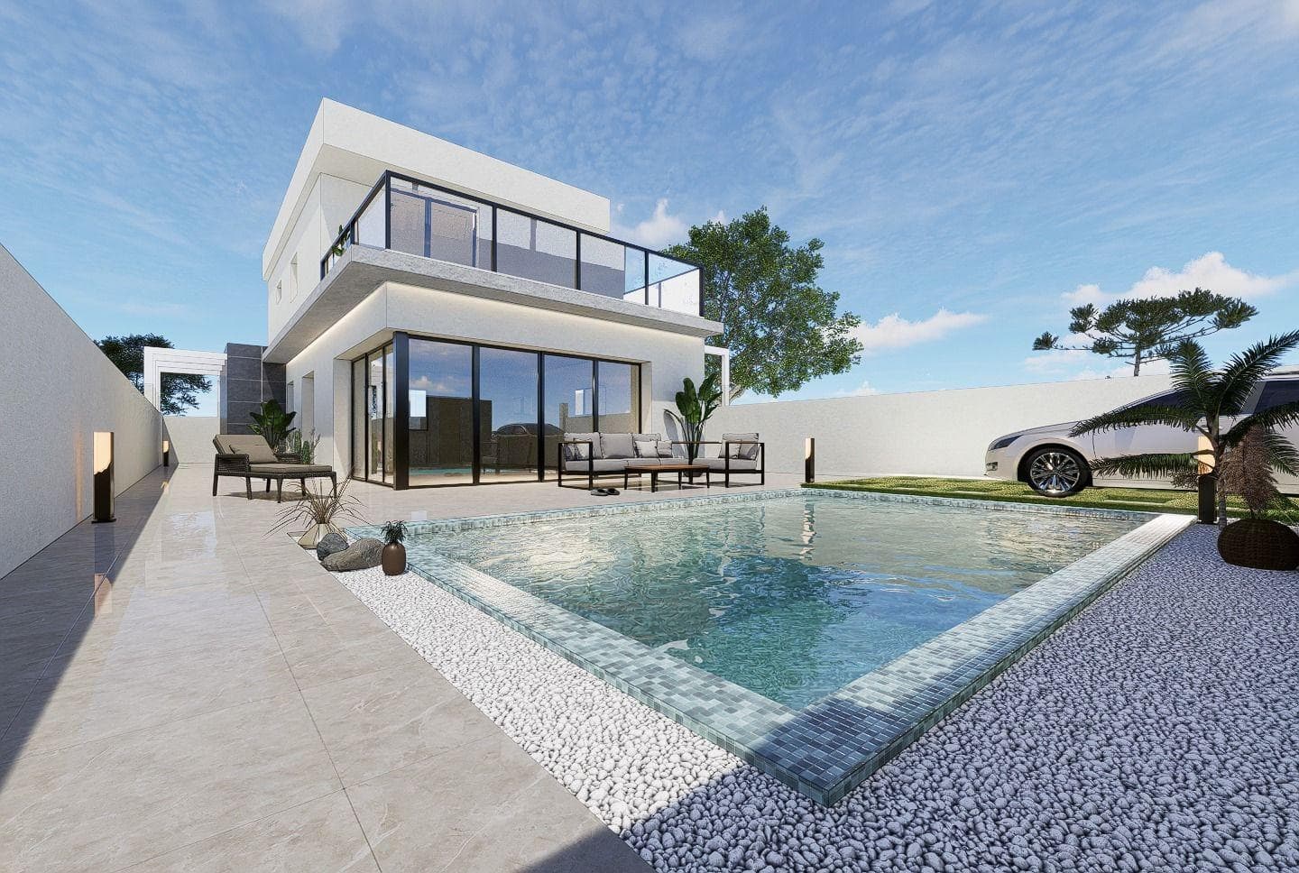 VILLA DE OBRA NUEVA EN PILAR DE LA HORADADA

Villa de obra nueva en Pilar de la Horadada.

Moderna villa construida en 2 plantas, dispone de 3 dormitorios, 2 baños, cocina americana con el salón, terraza, jardín con piscina privada y plaza de aparcamiento.

Pilar de la Horadada es un típico pueblo español en la parte más meridional de la Costa Blanca.

La gran calle principal tiene supermercados, muchas tiendas, restaurantes y bares y algunas plazas encantadoras.

Las hermosas playas de Torre de la Horadada y Mil Palmeras con paseo marítimo de arena fina está a sólo 5 minutos.

Los aeropuertos de Corvera (Murcia) y Alicante están respectivamente a 40 y 55 minutos.
