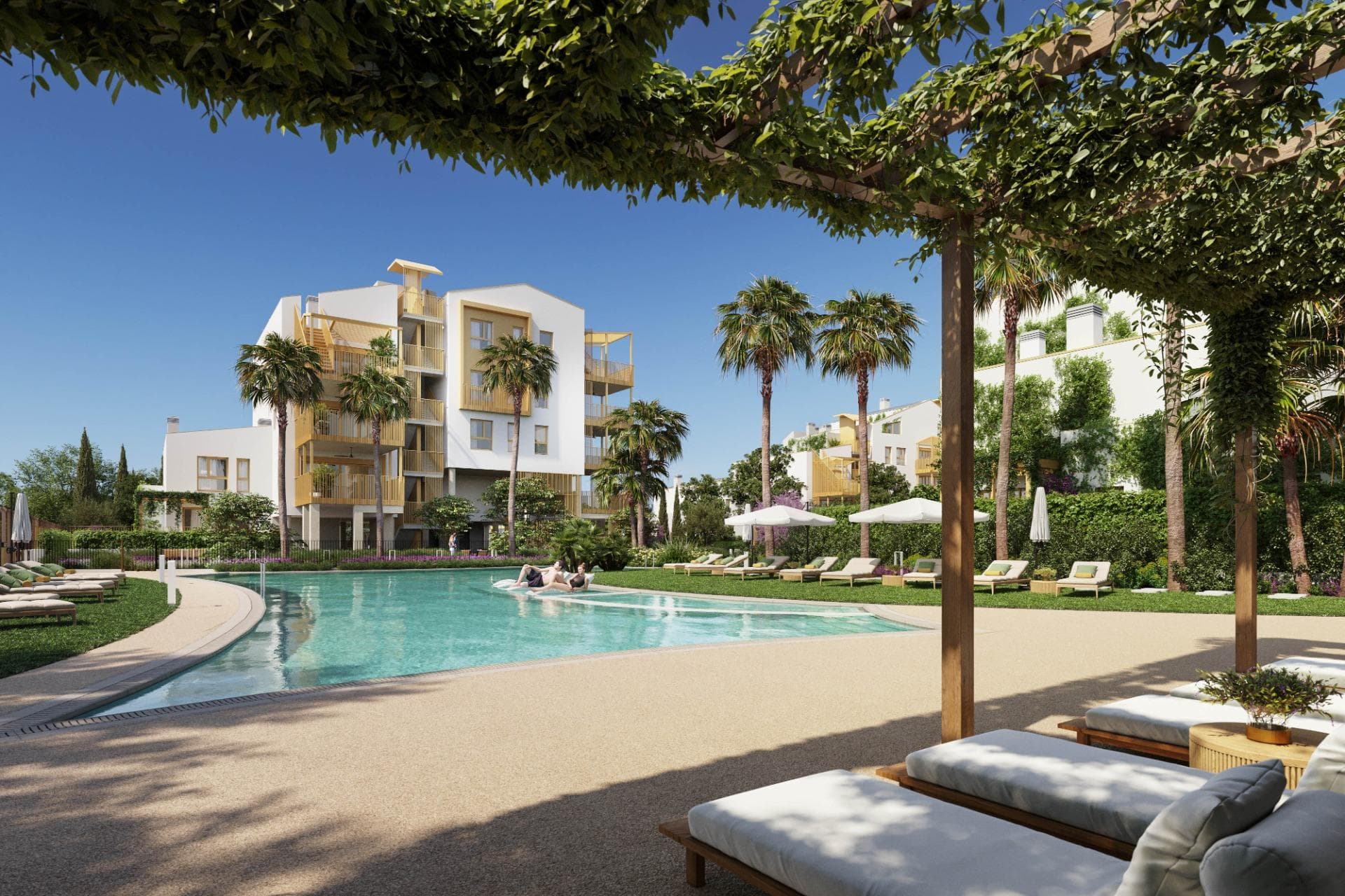 NEW BUILD RESIDENTIAL IN EL VERGEL

New Build residential complex of 1, 2 and 3 bedrooms apartments and penthouses in El Vergel designed as compact structures a response to the architects and designers constant pursuit of efficiency in the development. These decisions, spread throughout the various key points of the residential area, ensure that your home stays at the right temperature both in winter and summer.

The main feature of the properties will be their large terraces. With regular proportions, they are the ideal spaces for outdoor living. The integration of the living room with these spacious terraces will unite your home as a livable volume where the interior merges with the exterior.

Moreover, the construction in the area is planned to have minimal impact. The careful selection of construction materials has allowed you to enjoy the extraordinary views offered by the natural environment of residential complex permanently.

Properties organized around a living room open to a terrace-bedroom. Live inside and outside the house.

The common areas of this complex embody a deeply natural spirit. As you walk through different areas, you’ll find ideal spaces for strolling, engaging in sports activities, and, above all, using bicycles.

Gather with your partner, family, or friends at the social clubs; enjoy open squares protected from the sun and unwind in cool spots where vegetation thrives and air constantly circulates.

What else? Take note: ample and numerous swimming pools scattered throughout the residential area, sensory gardens, spaces for yoga practice, self-consumption vegetable gardens, bicycle workshops, and pet washing zones.

Always seeking the utmost respect for nature, the project is conceived with brilliant sustainable strategies: rainwater collection, channeling, and reuse systems that will give life to a lush sustainable ecosystem; refreshing gardens with native species that require minimal maintenance; large surfaces of photovoltaic panels for self-consumption energy generation; even multiple charging stations for electric mobile vehicles.

Luxury is having everything you need while respecting the surrounding ecosystem.​

All residents of this complex will have access to the Beach Club on the beachfront. Space, where they can organize their own events, have a charging point and parking for electric bikes, store nautical equipment, lockers, and take a shower or dip in the pool after enjoying the sea.
A gateway to the sea on the shores of La Almadraba beach in Denia.

Just a few meters from La Almadraba beach in El Verger and a few kilometers from Denia, a project is born that defies convention. Its intention is nothing less than making the impossible a reality: a residential development that aspires to become a sustainable, healthy, and respectful community.
