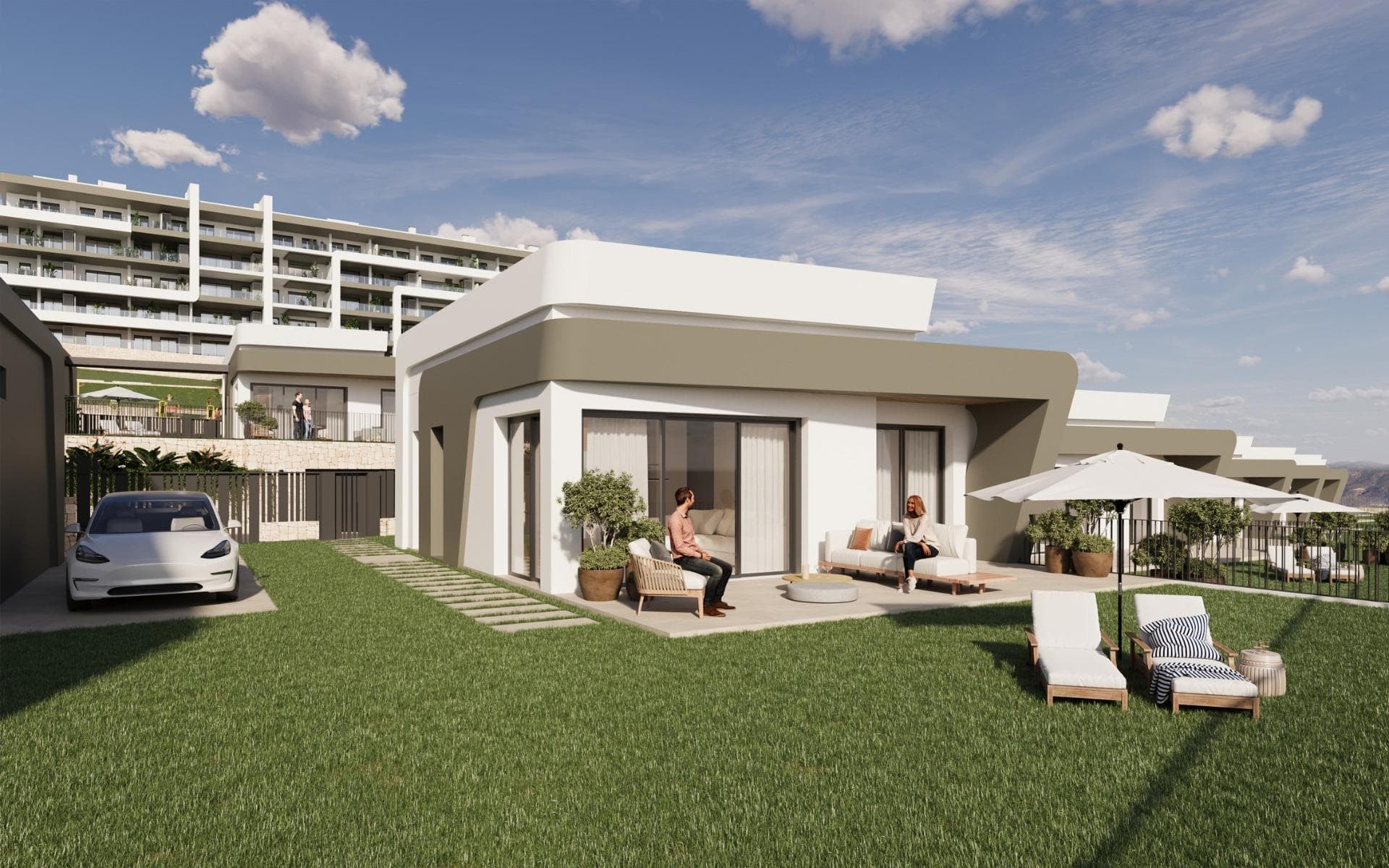 COMPLEJO RESIDENCIAL DE OBRA NUEVA CERCA DE MUTXAMEL

Ven a vivir en un complejo en una zona con una alta calidad de vida, situado en el campo de golf de Bonalba con impresionantes vistas al mar cerca de Mutxamel, a poca distancia del aeropuerto de Alicante, la ciudad de Alicante y las playas....

El complejo residencial dispone de apartamentos de 2 y 3 dormitorios con amplias terrazas, y villas de 2, 3 y 4 dormitorios. Un hogar de ensueño donde creará los mejores recuerdos de su vida.
Viviendas exclusivas con todos los servicios necesarios al alcance de la mano. Relájese después de un largo día de trabajo en la piscina del complejo. Cada rincón ha sido desarrollado con atención al detalle. Querrá invitar a amigos y familiares a disfrutar de su espaciosa casa de dos, tres o cuatro dormitorios cada fin de semana.

Disfrute de la vida de sus sueños en el complejo: carreras matutinas; un relajante baño en la piscina del complejo; una encantadora comida con amigos y familiares en el Club Social; y una tarde de diversión con los niños en las zonas infantiles. Y todo ello en un entorno exclusivo a pocos pasos de una relajante partida de golf.

Ya sea solo, con su mascota o con sus seres queridos, cada rincón que visite está diseñado para proporcionarle confort visual y mantenerle a usted y a los suyos a salvo. Durante sus paseos por las zonas comunes del complejo, podrá encontrar:
Una gran fuente acabada en azulejos azules.
Una zona junto a la piscina con césped natural.
Mobiliario repartido por toda la parcela en el que descansar y contemplar las vistas del complejo.
Pequeñas zonas de césped artificial y cerámica en tono madera lustrosa.
El complejo está totalmente vallado con video portero para su seguridad y la de los que más le importan.

Edificios y arquitectura de gran elegancia y estilo contemporáneo que le cautivarán.

Por si disfrutar de un espacio con un estilo impecable no fuera suficiente, tu nuevo hogar junto al campo de golf de Bonalba contará con amplias terrazas equipadas con barandillas de cristal que te permitirán contemplar las vistas al mar con un detalle impecable. Imagínese despertarse cada mañana para enfrentarse al extraordinario amanecer alicantino. Desayune con la mejor luz de España: la luz del Mediterráneo.