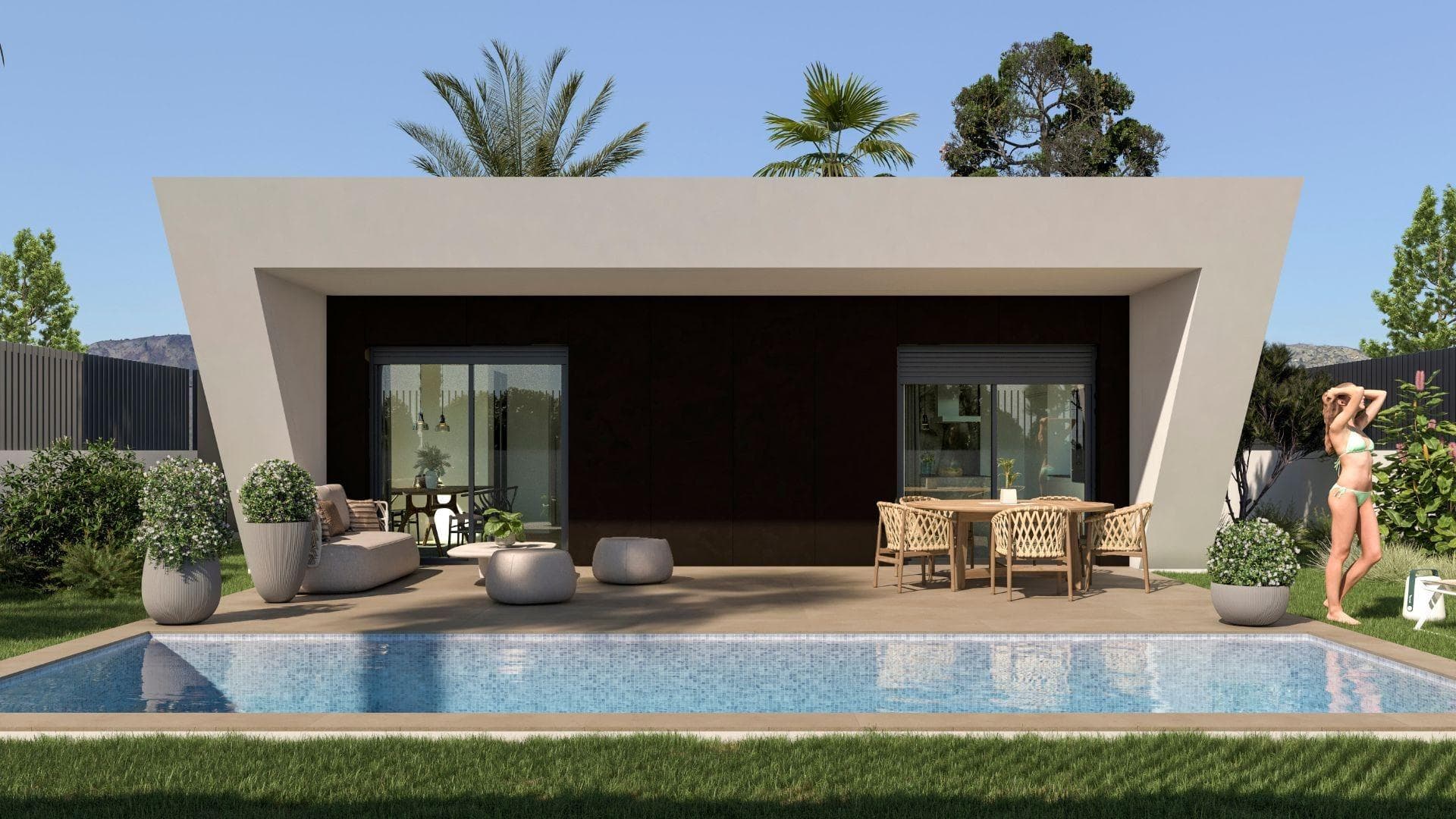 NEW BUILD VILLAS IN MONFORTE DEL CID

New Build villas in Monforte del Cid, with the golf course just 3 minutes from home and right next to the cities of Alicante and Elche, where you will find a wide range of culture, gastronomy, entertainment and course coast. 
The golden sand beaches of the Mediterranean just a step away from your new home, a space where you can enjoy days of sun and sea at any time.
Villas located 3 minutes from the sports center of the Alenda Golf golf course, making it the perfect location to enjoy the peace of a quiet urbanization but have all the services next to the house (Just 12 minutes away from Alicante-Elche Airport). The urbanization is a community that brings together the best of modern life and the tranquility of the natural environment (No community fees).
Discover the elegance and comfort of this beautiful independent villa of 108m2 or 128m2 (possibility of two home sizes), designed to offer you an exceptional lifestyle, all on the ground floor. 
Located in the prestigious Urbanization, this property gives you a unique and quality living experience. On plots from 618m2, providing you with ample space to enjoy both indoors and outdoors.
Enjoy the privacy offered by this independent villa, where you can relax in your own garden, create an oasis of tranquility, or even add a swimming pool to enjoy the warm summer days.

The house is distributed in two large areas:
Day area: Where we find a spacious living-dining room with an open office-type kitchen (kitchen furniture included) that connects with the large modern porch through its two large windows, giving way to the outdoor garden area and why no… to the pool. Light floods every corner thanks to the large windows in the living room, which open to the porch, a modern and functional space that invites you to enjoy the outdoors to the fullest. Imagine spending afternoons with family and friends, surrounded by a serene and natural environment. As an extra space, it has a 
laundry area strategically placed in the distribution of the home where it will be very easily accessible from any point in the home.
Night or rest area: In this area we find 3 bedrooms. The master bedroom has a large dressing room and en-suite bathroom. In addition, a second bathroom to serve the rest of the bedrooms and housing.

Here you will not only find a residential community, but a place where nature and elegance intertwine to provide you with an unmatched lifestyle. Whether to establish your permanent residence, to enjoy a vacation home or if you want to invest in your future, this villa is perfect for you.


Private urbanisation close to the main cities of the province of Alicante, 15 minutes drive from Elche and Alicante, as well as the airport and the best beaches.
Development is located in a peaceful setting close to the Alenda Golf Course in Monforte del Cid.