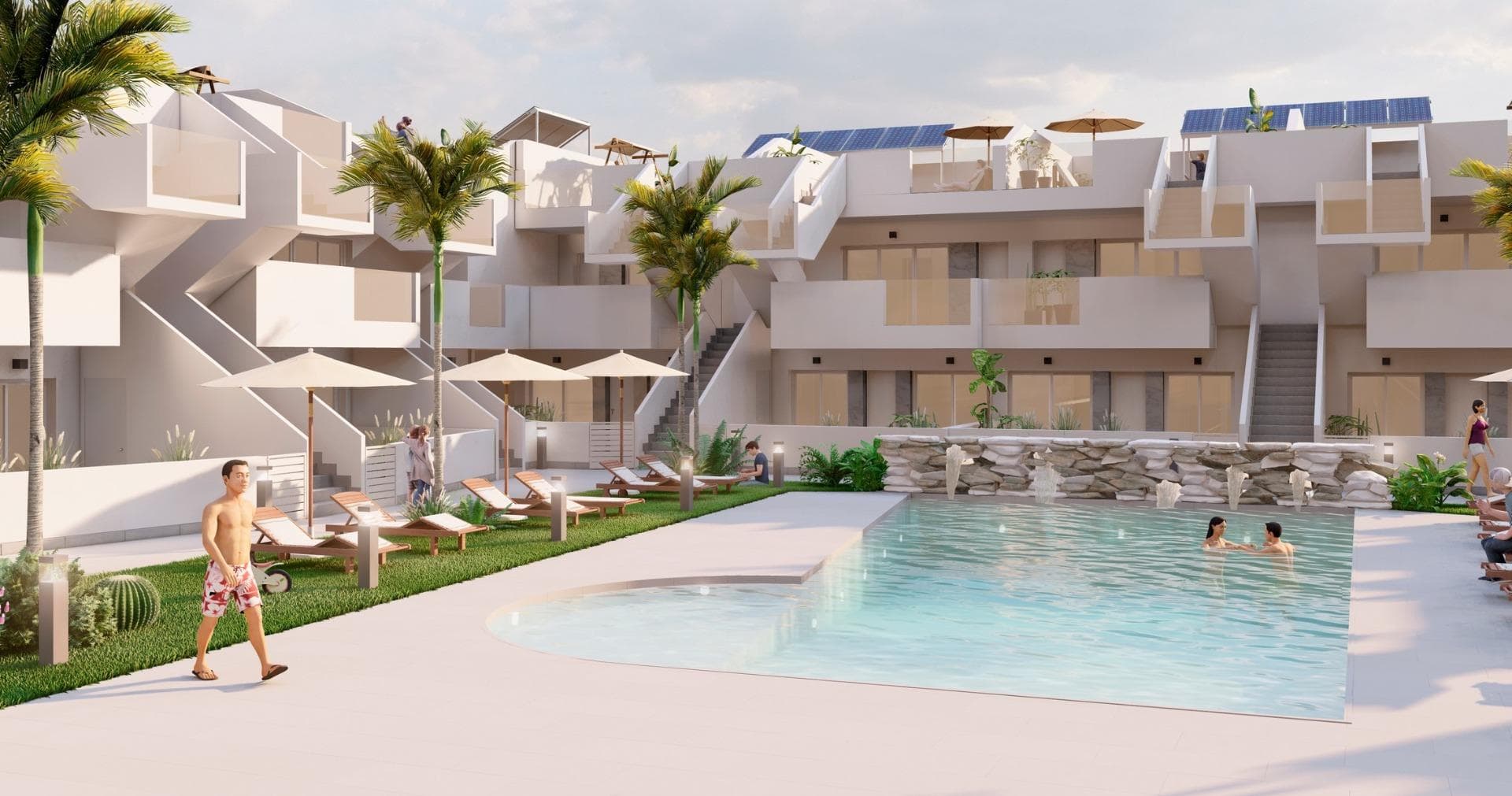 NYBYGDE BUNGALOWER I ROLDÁN

Nybygget inngjerdet boligkompleks med bungalowleiligheter i Roldán, Murcia. 
Disse eksklusive bungalowene er designet med 3 soverom og 2 bad, terrasse i første etasje og med 2 soverom og 2 bad og solarium i andre etasje.

Interiøret, som er elegant og funksjonelt, har gulv av høy kvalitet, fullt utstyrt kjøkken i hvitt kombinert med treimitasjon, inkludert elektriske apparater. Badene har servantskap med servant og belysning. Soverommene har garderobeskap med skuffer og skyvedører, og alle leilighetene har forhåndsinstallert klimaanlegg.

De utvendige omgivelsene er ikke mindre imponerende, med blant annet et felles svømmebasseng, et vakkert idrettsområde og en lekeplass på kunstgress.

Hver bolig har parkeringsplass.
Lagerrom er valgfritt mot en ekstra kostnad.

Roldan er en tradisjonell by med alle de lokale fasilitetene du trenger, inkludert supermarkeder, restauranter, barer, helseklinikk, apotek, politistasjon, bensinstasjon, mekanikere, tannleger, leger og mye mer.

De nærliggende golfanleggene La Torre og Terrazas er lett tilgjengelige, Corvera lufthavn ligger 15 minutter unna og strendene i Mar Menor bare 20 minutters kjøring unna.