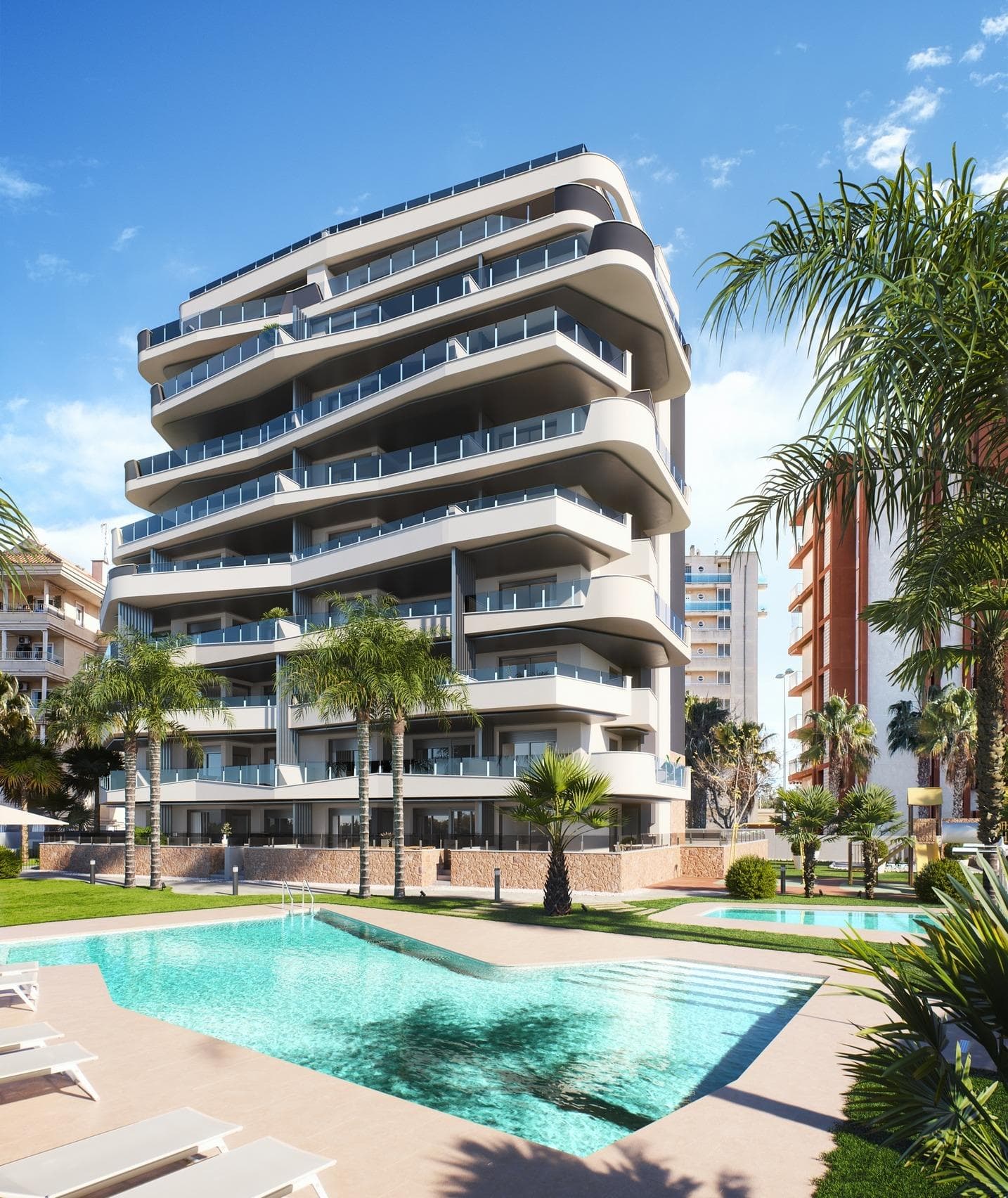 RESIDENCIAL DE OBRA NUEVA EN GUARDAMAR DEL SEGURA

Residencial de Obra Nueva situado frente al río Segura y próximo al puerto deportivo y playa de Guardamar.

Edificio de estilo moderno de 31 apartamentos de 2 dormitorios y áticos de 2 y 3 dormitorios, todos con 2 baños, cocina americana con salón, armarios empotrados, amplias terrazas desde 20m², aparcamiento subterráneo y trastero cerrado. 

El edificio constará de 9 plantas, de las cuales las más altas serán áticos con terraza principal y solarium privado.

Guardamar del Segura es una localidad situada en la Costa Blanca Sur. Con sus 11 kilómetros de playa natural y su gran pinar.

Guardamar es un pueblo tranquilo para vivir, dispone de todos los servicios durante todo el año como restaurantes, bares, tiendas, bancos, lugares de ocio, etc.

Todos los miércoles, en las calles céntricas del pueblo, se organiza un mercadillo al que acude mucha gente a comprar productos como alimentos, ropa, muebles, animales, etc. Es un gran reclamo y los habitantes de los pueblos de alrededor acuden a Guardamar todos los miércoles para visitar el mercado.

Guardamar del Segura cuenta con un gran puerto con actividades durante todo el año, tiene un gran polideportivo con pistas de pádel, tenis, fútbol y una gran piscina climatizada que funciona todo el año. También tiene una biblioteca donde hay wifi gratuito y ordenadores.

Guardamar del Segura se encuentra a tan solo 20km del aeropuerto de Alicante - Elche (El Altet), donde hay numerosos vuelos diarios con conexiones a las principales ciudades europeas, debido a la demanda turística de la Costa Blanca.