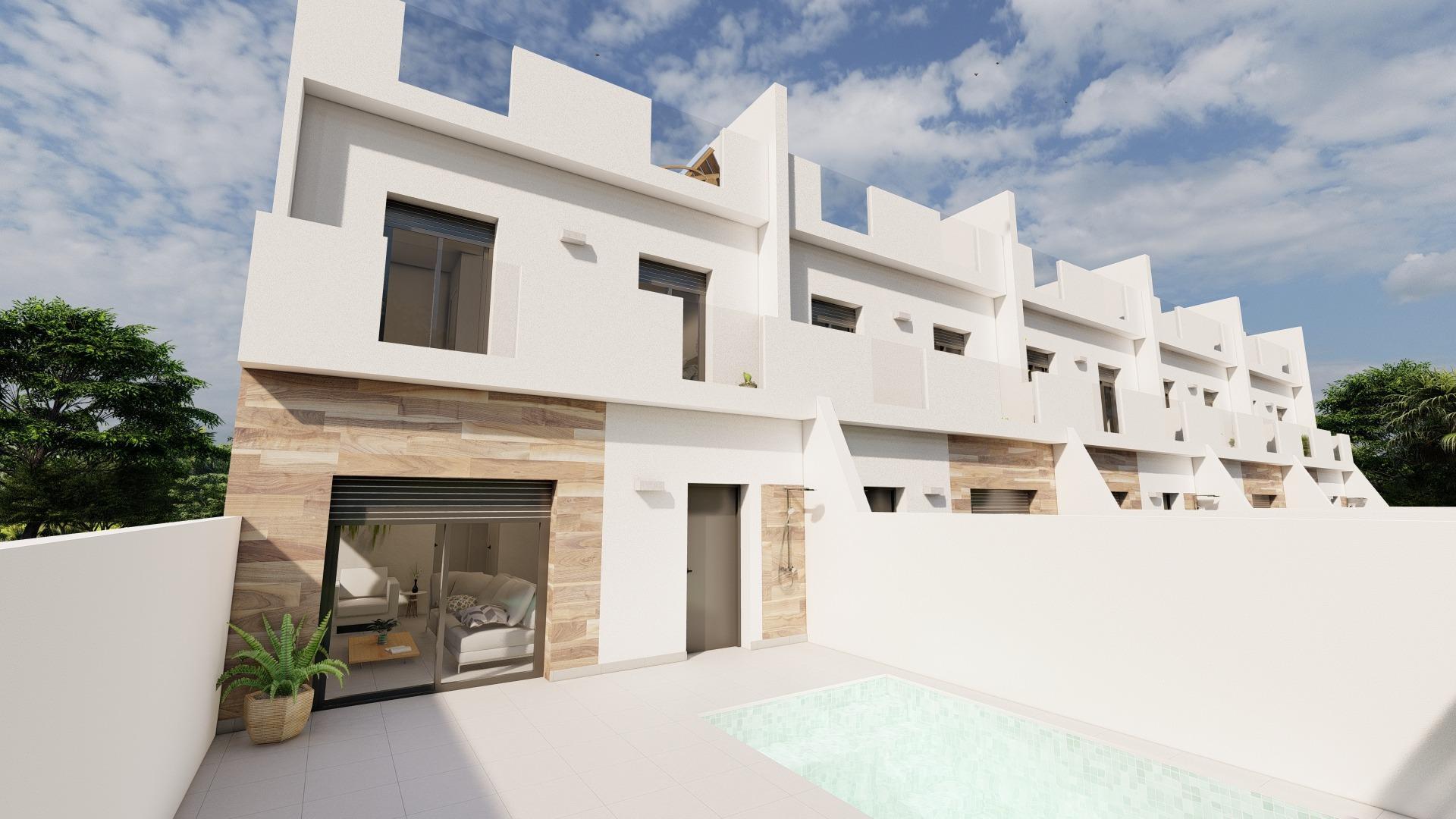 NEW BUILD TOWNHOUSES IN DOLORES DE PACHECO

New Build townhouses and semi-detached villas located in Dolores de Pacheco, Murcia. 

Each property has 3 bedrooms, 2 bathrooms, an open plan kitchen with living/dining area, front and rear terraces, solarium with Summer kitchen and private garden with the pool and parking space.

Development of 5 townhouses situated next to a park in the traditional village of Dolores de Pacheco, just 2 km from Roda Golf &amp; Beach Resort and 4 km from Los Alcázares, surrounded by services, parks, sports facilities, near several Golf Courses such as Roda Golf and La Serena Golf, plus being 5 minutes far from beach. 
The property will meet the highest standards and will be equipped with perfect for a holiday home or all year round living in the sun.