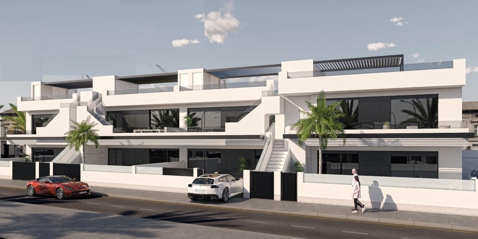 NYBYGDE BUNGALOWLEILIGHETER I SAN PEDRO DEL PINATAR

Nybygget boligkompleks med vakre, moderne bungalowleiligheter med 3 soverom i San Pedro Del Pinatar.

Bungalowen i første etasje har en terrasse med privat basseng. Bungalowen i toppetasjen har et stort solarium med privat basseng.

Alle bungalower har parkeringsplass .

San Pedro del Pinatars privilegerte beliggenhet ved Mar Menor og Middelhavskysten tiltrekker seg de som er interessert i seiling og vannsport, og tilbyr marina fortøyning og seilklubber, mens strendene og de naturlige gjørmebadene tiltrekker seg de som søker trygg sol, sjø og sand.

San Pedro del Pinatar har et etablert lokalsamfunn og tilbyr et utmerket utvalg av aktiviteter, inkludert overbygd svømmebasseng og idrettsanlegg, i tillegg til et helårsprogram med sosiale aktiviteter i det behagelige vinterværet. Fordelene med gjørmebadene, som er typiske for regionen, eller det rolige vannet i Mar Menor, har bidratt til veksten av Lo Pagán, som i dag har alle slags fasiliteter. I tillegg har det en utmerket beliggenhet, bare 5 minutter fra det kommersielle senteret Dos Mares.

Murcia/Corvera flyplass ligger 30 minutter unna, og Alicante flyplass ligger en times kjøretur unna.