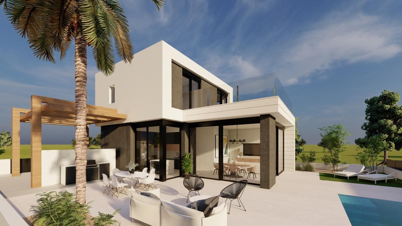 NEW BUILD VILLAS IN PILAR DE LA HORADADA ON THE GOLF COURSE

New Build residential of 6 detached villas in Pilar de la Horadada.

New Build villas build over 2 floors, has 3 bedrooms, 2 bathrooms, guest toilet, open plan kitchen with the lounge area, fitted wardrobes, private garden with the pool and off road parking space.

Pilar de la Horadada is the southernmost town and municipality on the Costa Blanca in the province of Alicante.

The city is located on the border between the Comunidad Valenciana and the Murcia region.

The town of Pilar de la Horadada is a typical Spanish town located just 2 km from the coast and the popular beaches of Torre de la Horadada.

In the centre of Pilar de la Horadada you will find all amenities: shops, patisseries, banks, etc. along the main street 'Calle Mayor'. You will also experience a wonderful atmosphere near the local church on the 'Plaza de la Iglesia' where there are several cafes.

In Pilar de la Horadada there is also a well-developed cycling and walking path network, and there is also a large offer of various sports activities.

Lo Romero 18 hole golf course is just a short drive from town.

The airports of Corvera (Murcia) and Alicante are respectively 40 and 55 minutes away.