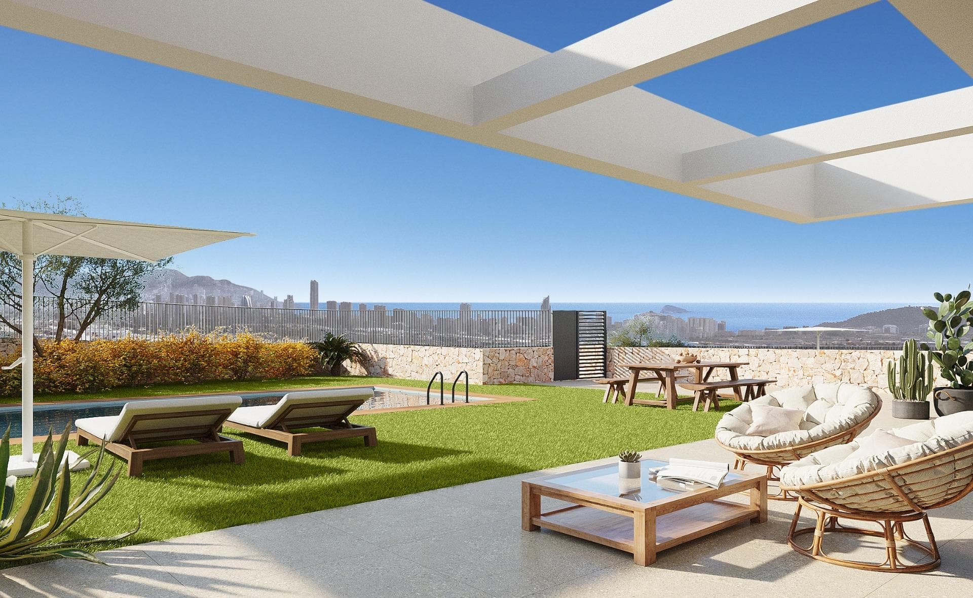 VILLAS PAREADAS DE OBRA NUEVA EN FINESTRAT&#13;&#13;Villas independientes y pareados de obra nueva en Balcon de Finestrat.&#13;&#13;Preciosos pareados de 3 dormitorios, 2 baños, aseo de invitados, cocina americana con el salón, armarios empotrados, solarium, jardín privado con plaza de garaje.&#13;Instalación de aire acondicionado por conductos (frío/calor).&#13;&#13;El complejo residencial consta de piscina comunitaria para adultos con zona de piscina infantil y solarium, zona de aparcamiento para bicicletas, zona de juegos infantiles embaldosada con pavimento continuo de seguridad.&#13;&#13;Complejo residencial perfectamente ubicado en un enclave natural de la Costa Blanca y que ofrece increíbles vistas del skyline de Benidorm, la cala de Finestrat y El Puig Campana.&#13;&#13;Benidorm está a sólo cinco minutos en coche de las viviendas y ofrece todos los servicios que pueda necesitar, incluyendo tiendas, bares, restaurantes, supermercados, bancos, farmacias y varios colegios privados internacionales.&#13;&#13;Cerca de las playas de Levante, Poniente y Cala de Finestrat, con más de 6km de longitud que se encuentran entre las mejores de Europa galardonadas por la Unión Europea con Banderas Azules.&#13;&#13;Todos los servicios de ocio como los parques temáticos de Aqua Natura, Terra Mítica, Terra Natura, Aqualandia y Mundomar, los campos de Golf Sierra Cortina y Villaitana, senderismo y escalada en el Puig Campana un marco natural incomparable o disfrutar de los deportes náuticos.&#13;&#13;Distancia al mar 4 km, al aeropuerto 26 km y al golf 1km.&#13;&#13;Complejo situado a 40 minutos del aeropuerto de Alicante.&#13;