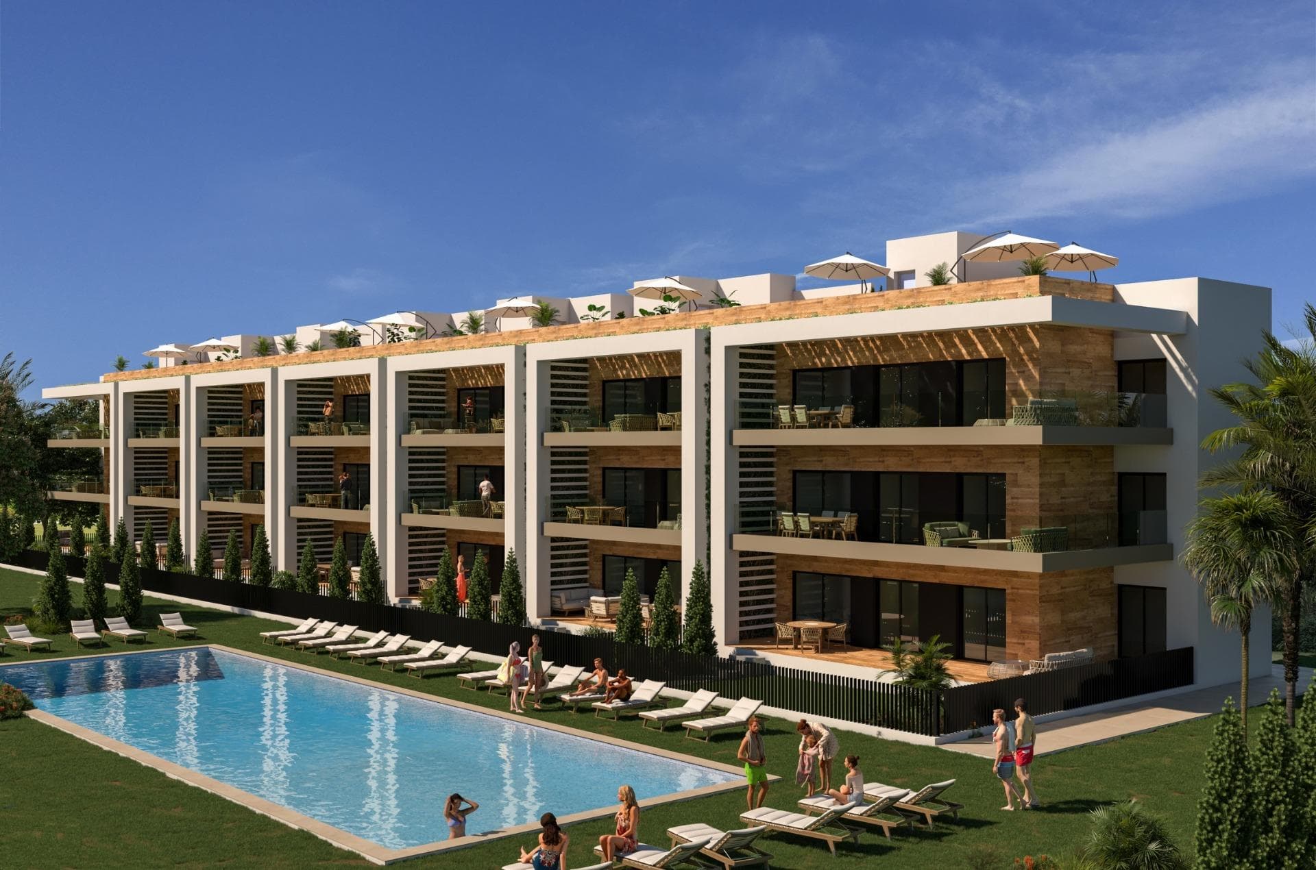 NEW BUILD RESIDENTIAL COMPLEX NEAR LA SERENA GOLF, LOS ALCAZARES

This amazing complex will be formed by 244 apartments with 2 and 3 bedrooms, divided in 8 blocks and 20 private Villas.

Modern apartments in 3 floors (ground floor plus 2), ground floor with nice gardens, and some of them with private swimming pool and second floor with nice terraces and private solariums.

Corner apartments (4 per floor) and top floor apartments has 3 bedrooms and the rest 2 bedrooms.
 
East facing properties looking to the communal areas and West facing with wonderfull golf course views.

Complex with the communal pool and the communal areas.

Every apartment have their own parking space and private storage on the basement, included on the price.

Residential located in a frontline of the prestigious golf course “La Serena Golf”. This golf course is well renowned for its lakes and vegetation that interweave with the golf course. The water and lakes are present in 16 of the 18 holes, but all the course is designed to offer the golfer different strategies in each hole. Another aspect that makes this golf course unique is that it’s connected by walking to the city centre, something impossible to find in other golf locations that allow us to enjoy the calm and the beauty of the area without refusing the access to the services that Los Alcázares offers.

Los Alcázares an exceptional area on the Costa Cálida at only 25 minutes from Murcia airport and 55 min from Alicante airport. The area is connected through highway with the cities of Cartagena, Murcia and Alicante and the rest of the beaches of the Costa Cálida and the Costa Blanca.