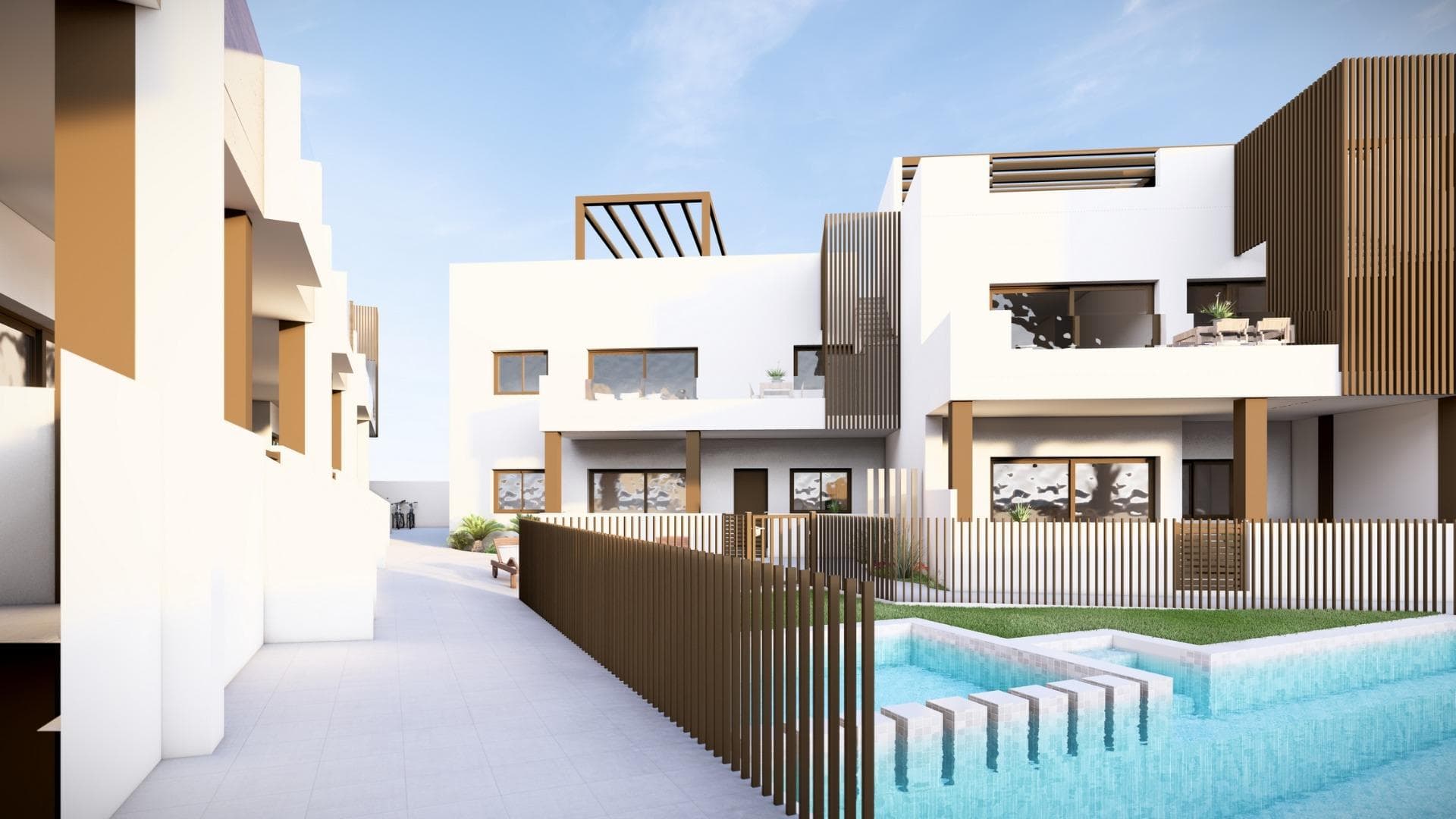 NEW BUILD RESIDENTIAL OF BUNGALOW APARTMENTS IN PILAR DE LA HORADADA

New Build bungalow apartments located in Pilar de la Horadada.

New Build project includes 16 bungalows with 3 bedrooms and 2 bathrooms, on the top floor with private solarium and on the ground floor with beautiful terrace and private garden. 
All the properties will have access to a communal swimming pool.

Each property has parking space.

It is located in a residential area close to all services.

Pilar de la Horadada is a typical Spanish village in the most southern part of the Costa Blanca.

The large main street has supermarkets, lots of shops, restaurants and bars and some lovely squares.

The beautiful beaches of Torre de la Horadada and Mil Palmeras with fine sand promenade is just 5 minutes away.

The airports of Corvera (Murcia) and Alicante are respectively 40 and 55 minutes away.