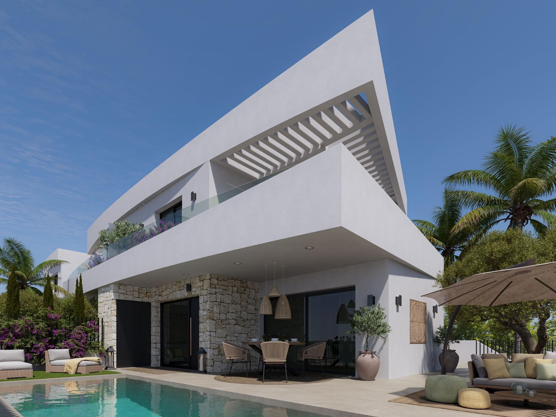 NYBYGDE TOMANNSBOLIGER I DOLORES

Nybygget utvikling av villaer i Dolores, Alicante. 
Disse eksklusive eiendommene har en elegant og moderne design. Boliger med topp kvalitet, designet for å kombinere velvære og komfort.

Moderne villaer og tomannsboliger med tomter på mer enn 200 m2. Alle boligene er svært lyse med 3 store soverom og 3 fullt utstyrte private bad. Det er også et ekstra gjestetoalett.

Med sin store tomt har boligene en hage med separat svømmebasseng og en parkeringsplass på tomten.

Å bo i Dolores er et fantastisk valg for deg som ønsker et rolig og autentisk liv på Costa Blanca. Denne sjarmerende spanske landsbyen, som ligger i Vega Baja-regionen, vil tilby deg mange fordeler.

Dolores er en by som ligger i provinsen Alicante med perfekt kommunikasjon, det er bare 30 minutter fra Alicante-Elche lufthavn, og har alle nødvendige tjenester og fasiliteter, inkludert supermarkeder, restauranter, barer og skoler.

Det er en by med stor sjarm, omgitt av fantastiske naturlandskap, som naturparken Lagunas de la Mata og Torrevieja, du kan nyte de beste strendene på Costa Blanca som ligger bare noen få minutters kjøretur unna, dens gastronomi og fremfor alt roen og harmonien som området vil gi deg.