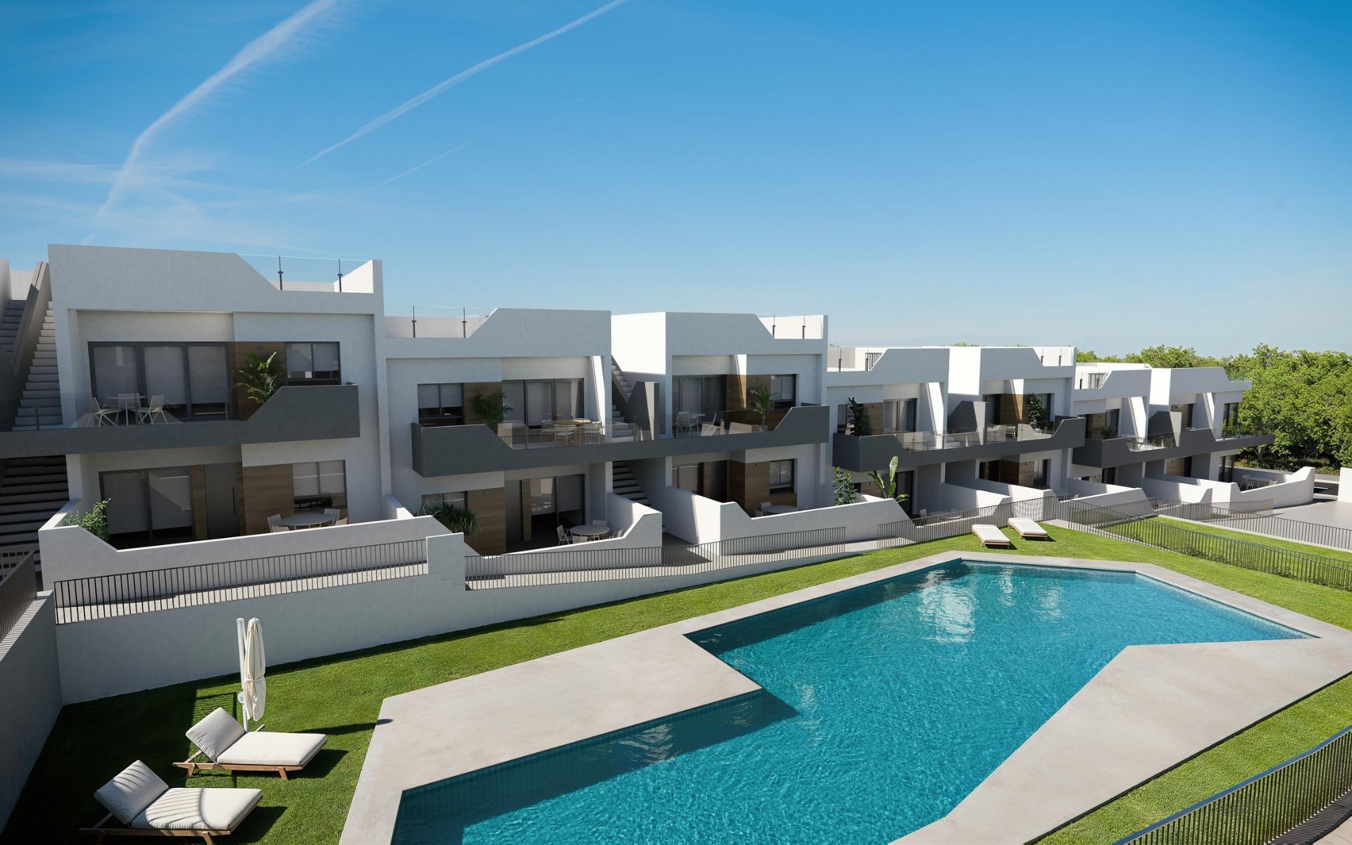 NEW BUILD BUNGALOW APARTMENTS IN SAN MIGUEL DE SALINAS&#13;&#13;New Build residential complex of bungalows in San Miguel del Salinas.&#13;&#13;Residential consist of bungalow apartments with 2 and 3 bedrooms, on ground floor with a private garden or top floor with a private solarium.&#13;&#13;An exclusive residential complex offering high quality homes with excellent thermal and acoustic insulation, top quality finishes and complete facilities. The facilities include two swimming pools, large garden areas, and well-designed communal areas, guaranteeing a comfortable and safe environment. Each property has modern fitted kitchens, porcelain flooring and efficient plumbing and air conditioning systems.&#13;&#13;Residential located in San Miguel de Salinas near the Las Colinas and Campoamor golf courses, shopping centres, Torrevieja and La Mata lagoons and sandy beaches of Orihuela Costa.&#13;&#13;San Miguel de Salinas is a municipality in the Valencian Community, Spain. Located in the south of the province of Alicante, in the region of Vega Baja del Segura near the Region of Murcia.&#13;&#13;Alicante airport located 35 minutes drive away and Murcias Corvera airport is about 1 hour drive away.&#13;