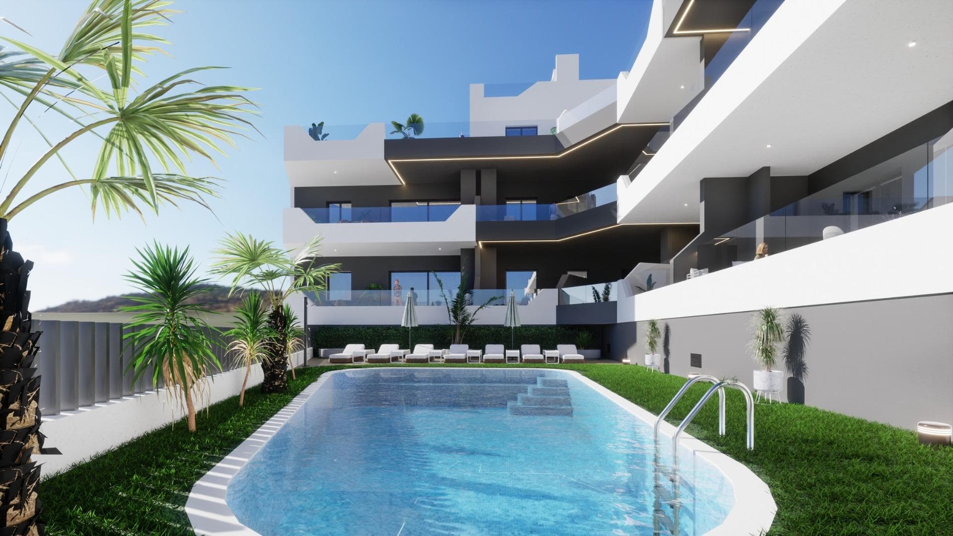 NEW BUILD BUILD RESIDENTIAL COMPLEX IN BENIJOFAR

New Build residential complex in the quiet area of Benijofar.

Residential made up of 35 apartments and penthouses with 2, 3 and 4 bedrooms and 2 bathrooms, open plan kitchen with the lounge area, fitted wardrobes, terraces.

The penthouses also have a large private solarium where you can enjoy the beautiful summer sunsets.

New Build residential complex has a large green area with a swimming pool.
An options underground parking space and storage at an extra cost.

Benijofar it is a lovely village with a charming church and all services such as supermarkets, pharmacies, banks, restaurants and natural park located very close to the villas.

There are several golf courses close by as well as water parks in nearby Rojales and Torrevieja.

The best beaches of Guardamar are only 10 minutes away by car with more than 11 km of white sand dunes and crystal clear waters.
Benijófar located a few minutes from the N-332 and AP-7.

Just 30 minutes from Alicante airport, 10 minutes from the beaches of Guardamar and Torrevieja.