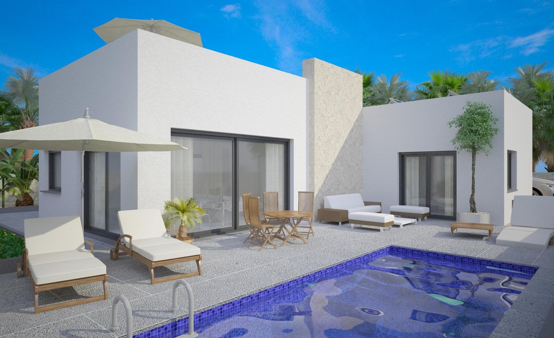 NEW BUILD MODERN VILLA IN BENIJOFAR

New Build villa located in Benijófar, a privileged area of the Costa Blanca, equipped with all services, 20 minutes from Alicante Airport, near the beautiful beaches of Guardamar and several golf courses.
It is a modern style villa consisting of an open-plan kitchen with spacious living-dining room, 3 bedrooms and 2 bathrooms.
It also has a private plot with terrace, parking area, private pool.

An options for a solarium at an extra cost.

Benijofar it is a lovely village with a charming church and all services such as supermarkets, pharmacies, banks, restaurants and natural park located very close to the villas.
There are several golf courses close by as well as water parks in nearby Rojales and Torrevieja.
Benijófar located a few minutes from the N-332 and AP-7.
Just 30 minutes from Alicante airport, 10 minutes from the beaches of Guardamar and Torrevieja.