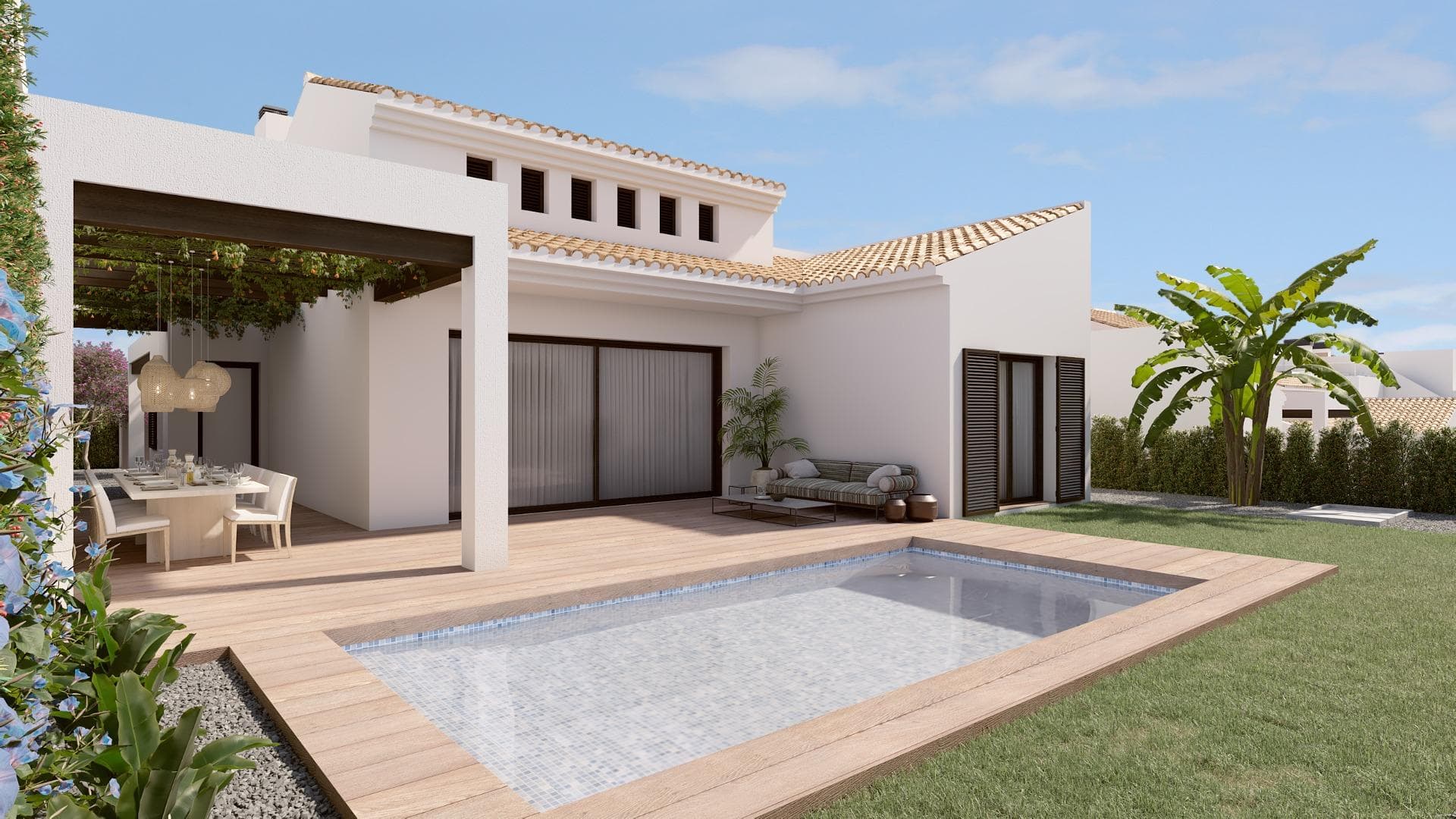 NEW BUILD VILLAS IN ALGORFA

New Build Mediterranean style villas in La Finca Golf course, Algorfa.

New Build villas with 3 bedrooms, 2 bathrooms, an open plan kitchen with living area where patio doors leading out into the garden with swimming pool and off road parking.

Villas located in La Finca Golf resort, in the municipality of Algorfa, in the Vega Baja area of the Costa Blanca South.

Only 15 minutes drive from the sandy beaches of Guardamar del Segura, and only 35 minutes from Alicante airport.

The larger towns of Almoradi, Benijófar and Ciudad Quesada are a short drive away.

Torrevieja and Orihuela Costa, with their large shopping centres, are 15 minutes away.