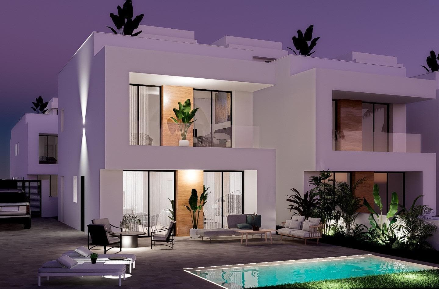 Nybygget boligområde med frittliggende villaer og tomannsboliger i La Zenia, Orihuela Costa.

Moderne boliger bygget i 2 etasjer, med 3 soverom, 2 bad, åpen kjøkkenløsning med stue, innebygde skap, klimaanlegg, solarium, privat hage med svømmebasseng og parkeringsplass.

La Zenia ligger på Costa Blanca Sør rett sør for storbyen Torrevieja. Denne strekningen av kysten er kjent som Orihuela Costa.

La Zenia er et lite, men travelt strandferiested. Her er det mange restauranter, barer, butikker og gode fasiliteter på grunn av det store antallet mennesker som bor her hele året.

Det finnes mange irske barer, blant annet den velkjente Paddy's. De fleste barene viser Sky Sports, og det er lett å finne en god engelsk frokost hele dagen på en av de mange kafeene og restaurantene.

På kjøpesenteret La Zenia Boulevard kan du nyte mote, fritid og restaurering på ett og samme sted.

Komplekset ligger 40 minutter fra Alicante flyplass og 1 time fra Murcia - Corvera flyplass.