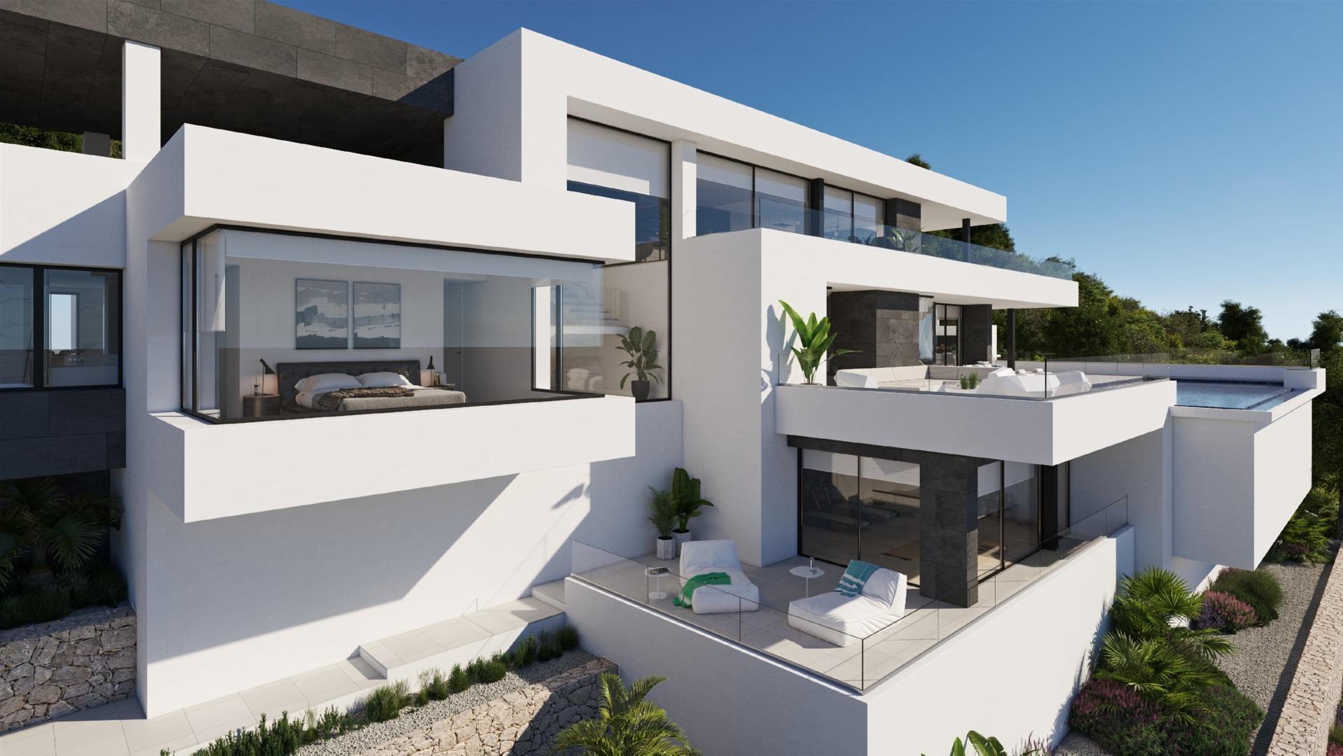 NEW BUILD LUXURY VILLA IN CUMBRE DEL SOL

New Build modern Villa located in the Cumbre del Sol Resort, an exclusive area of large luxury villas that elegantly overlook the Mediterranean Sea.

Its more than 625m² have been distributed over three floors and are subtly integrated into the environment, adapting to the natural slope of the land allowing the blue of the sea to be present at all times in almost all the house.

This property has many unique rooms to enjoy during different times of the day, but certainly if there is one that deserves a special mention is the master bedroom, a huge room bathed in natural light, distributed to enjoy the sea views at all times, located in a separate module of the house, thus preserving its privacy from the more public areas.

The main terrace of more than 91m² is dominated by an infinity pool with beach effect access, creating an oasis of relaxation. Completing the set of outdoor areas is a porch that houses one of the summer dining rooms, prepared to install a barbecue, all surrounded by landscaped areas, with natural stone walls, undoubtedly an idyllic setting to enjoy the outdoors.

A unique property in the Spanish Mediterranean, on the Costa Blanca North, with a design of pure lines and minimalist character, dressed in elegant materials, high quality and latest technology, awaits you in Cumbre del Sol.