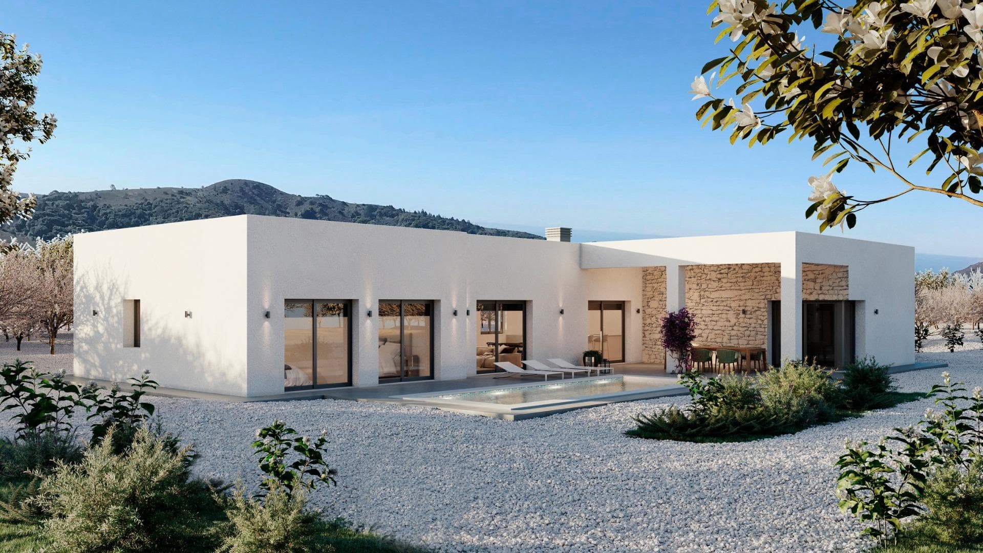VILLAS DE OBRA NUEVA EN PINOSO&#13;&#13;Obra Nueva Villas independientes modernas que se pueden construir en parcelas rústicas o urbanas tenemos una amplia gama disponible en la zona de Pinoso:&#13;&#13;- 3 dormitorios, 2 baños, 2 aseos de invitados&#13;- Piscina privada&#13;- Instalación completa de aire acondicionado &#13;- Cocina totalmente equipada&#13;- Gran selección de materiales de calidad&#13;- Luz y agua de red&#13;- 4 paneles solares incluidos&#13;- Etiqueta energética AA&#13;- Parcelas desde 10.000 m2 en varias ubicaciones a elegir. &#13;- Parcela vallada de 3.000 m² de fácil mantenimiento&#13;- Puerta corredera motorizada&#13;&#13;En las parcelas rústicas se vallarán unos 3.000 m2 del total de la parcela y las casas se entregarán con unos 1.000 m2 de grava alrededor de la casa.&#13;La casa dispone de piscina privada y placas solares fotovoltaicas para el suministro eléctrico.&#13;Hay varias parcelas rústicas a elegir en diferentes ubicaciones, cada una con un precio diferente (en los precios publicados en este anuncio se ha considerado una parcela con un valor de 40.000 eur, si el comprador elige otra parcela, el precio final se recalculará en consecuencia).&#13;El plazo de entrega es de 8 meses desde la concesión de la licencia de obras.&#13;Se adquiere en régimen de autopromoción: el comprador realiza pagos a cuenta del precio a medida que el constructor ejecuta la obra.&#13;