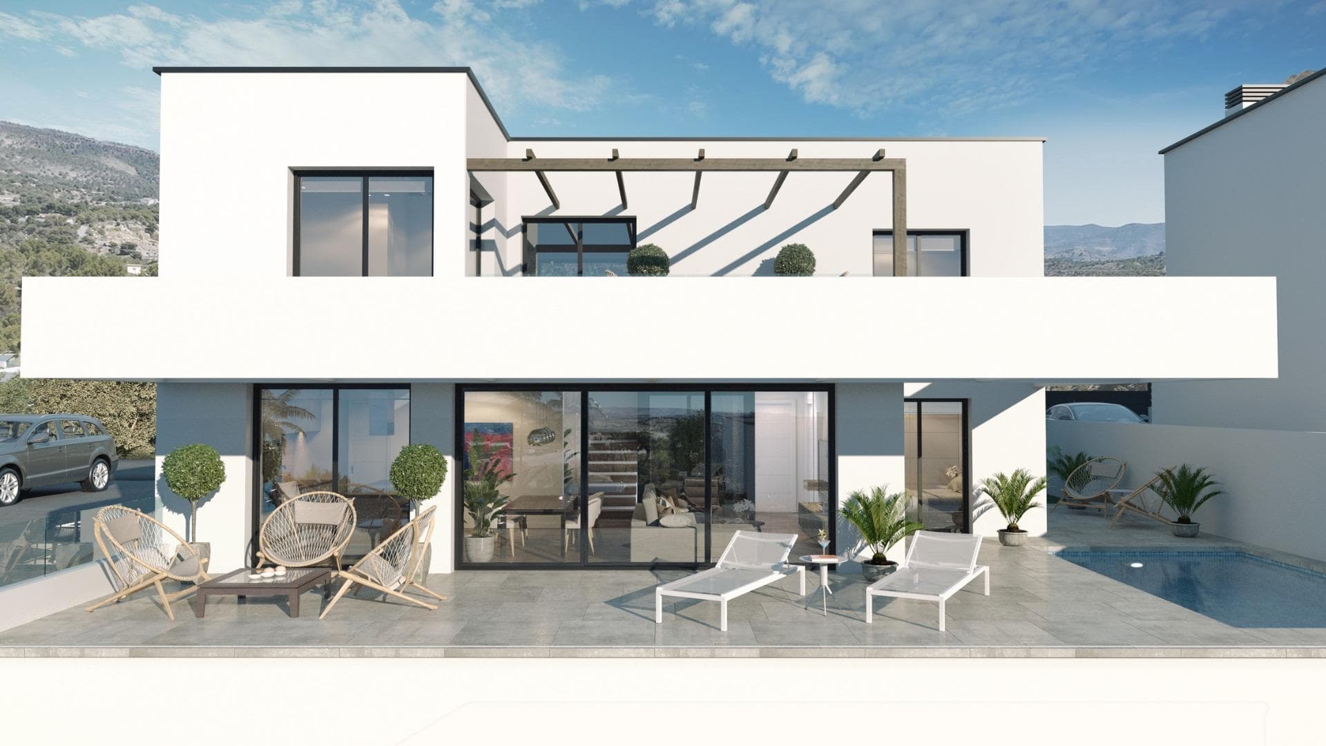 VILLAS DE OBRA NUEVA EN FINESTRAT 

Proyecto de obra nueva de 10 villas de diseño moderno, en un entorno natural con vistas al mar y a la montaña, cerca del campo de golf Puig Campana, y a poca distancia de las localidades de Finestrat y Benidorm.

El proyecto se dividirá en dos fases de construcción, que a su vez incluyen dos tipos de viviendas, de 1 ó 2 plantas, 3 dormitorios dobles, 2 ó 3 baños completos, salón-comedor con cocina integrada, lavadero, amplia terraza y jardín, piscina privada, parking exterior, 1 ó 2 sótanos polivalentes y en algunos modelos garaje subterráneo cerrado.
Posibilidad de solarium con coste adicional.

Villas construidas con las mejores calidades y los últimos avances en construcción, entre otros
- Barandillas de cristal que no rompen la continuidad de las vistas.
- Solería de gres porcelánico de primera calidad.
- Puerta de entrada blindada.
- Carpintería exterior de aluminio con rotura de puente térmico y doble vidrio aislante de baja emisividad con cámara de aire y seguridad en zonas con riesgo de rotura.
- Carpintería interior lisa, de madera lacada en blanco con tiradores y herrajes de acero inoxidable.
- Armarios y vestidores correderos totalmente equipados.
- Producción de agua caliente sanitaria mediante sistema de bomba de calor con depósito acumulador de 100L, con apoyo de placas solares en cubierta.
- Instalación eléctrica de alta gama 9,2kw.
- Instalación de aire acondicionado por conductos con máquinas incluidas.
- Cocinas de diseño minimalista, totalmente equipadas con isla, muebles y electrodomésticos incluidos.
- Piscina privada con iluminación y zona de playa con pavimento o césped artificial.
- Sótano polivalente totalmente personalizable, según modelo con zona de garaje para un vehículo y preinstalación para vehículo eléctrico.

Villas se encuentra en un entorno privilegiado de la Costa Blanca, en una zona elevada al pie de la sierra, rodeada de naturaleza y de otras urbanizaciones similares, con excelentes vistas al mar y sus alrededores. Muy bien comunicada por carretera con la cercana población de Finestrat, a 10 minutos en coche de los centros comerciales, la autopista A7, las playas y las cercanas poblaciones de Benidorm y Villajoyosa, y a 30 minutos de la ciudad de Alicante y su aeropuerto internacional.