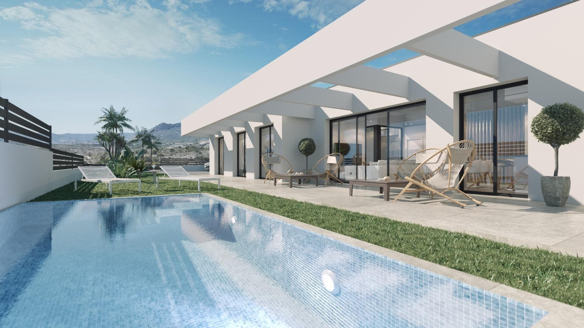 VILLAS DE OBRA NUEVA EN FINESTRAT 

Proyecto de obra nueva de 10 villas de diseño moderno, en un entorno natural con vistas al mar y a la montaña, cerca del campo de golf Puig Campana, y a poca distancia de las localidades de Finestrat y Benidorm.

El proyecto se dividirá en dos fases de construcción, que a su vez incluyen dos tipos de viviendas, de 1 ó 2 plantas, 3 dormitorios dobles, 2 ó 3 baños completos, salón-comedor con cocina integrada, lavadero, amplia terraza y jardín, piscina privada, parking exterior, 1 ó 2 sótanos polivalentes y en algunos modelos garaje subterráneo cerrado.
Posibilidad de solarium con coste adicional.

Villas construidas con las mejores calidades y los últimos avances en construcción, entre otros
- Barandillas de cristal que no rompen la continuidad de las vistas.
- Solería de gres porcelánico de primera calidad.
- Puerta de entrada blindada.
- Carpintería exterior de aluminio con rotura de puente térmico y doble vidrio aislante de baja emisividad con cámara de aire y seguridad en zonas con riesgo de rotura.
- Carpintería interior lisa, de madera lacada en blanco con tiradores y herrajes de acero inoxidable.
- Armarios y vestidores correderos totalmente equipados.
- Producción de agua caliente sanitaria mediante sistema de bomba de calor con depósito acumulador de 100L, con apoyo de placas solares en cubierta.
- Instalación eléctrica de alta gama 9,2kw.
- Instalación de aire acondicionado por conductos con máquinas incluidas.
- Cocinas de diseño minimalista, totalmente equipadas con isla, muebles y electrodomésticos incluidos.
- Piscina privada con iluminación y zona de playa con pavimento o césped artificial.
- Sótano polivalente totalmente personalizable, según modelo con zona de garaje para un vehículo y preinstalación para vehículo eléctrico.

Villas se encuentra en un entorno privilegiado de la Costa Blanca, en una zona elevada al pie de la sierra, rodeada de naturaleza y de otras urbanizaciones similares, con excelentes vistas al mar y sus alrededores. Muy bien comunicada por carretera con la cercana población de Finestrat, a 10 minutos en coche de los centros comerciales, la autopista A7, las playas y las cercanas poblaciones de Benidorm y Villajoyosa, y a 30 minutos de la ciudad de Alicante y su aeropuerto internacional.