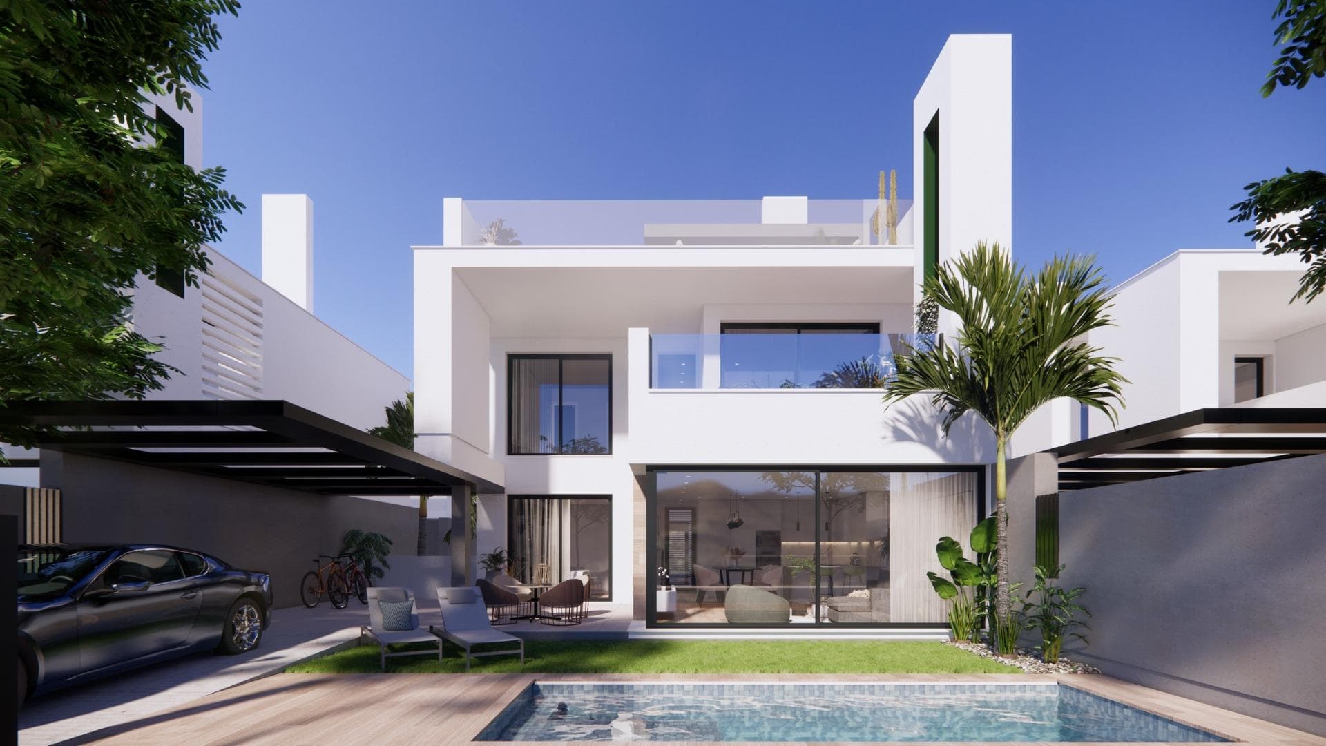 NYBYGDE VILLAER I PRIVAT INNGJERDET FERIESTED I PROVINSEN MURCIA

Nybygde villaer i privat inngjerdet feriested i Murcia-regionen, omgitt av utmerkede golfbaner og bare 10 minutter fra sandstrendene i Mar Menor-havet. 

Plassert på en privilegert beliggenhet, andre linje av lagunen med hvit sand og turkis vann. Bare noen få skritt fra hovedinngangen presenterer vi disse flotte villaene med 3 soverom.

Disse luksuriøse villaene tilbyr en harmonisk blanding av moderne eleganse og raffinement og er ferdigstilt etter de høyeste standarder. Hovedoppholdsrommet flyter gjennom til hagen og bassengområdet og skaper en 
perfekt atmosfære for ro og skjønnhet.
Den åpne planløsningen forbinder stuen, spisestuen og det moderne kjøkkenet, noe som skaper en sømløs flyt for å underholde eller nyte en herlig stille kveld.
Kjøkkenet er fullt utstyrt med de nyeste hvitevarene og materialene. 
Det tredje soverommet i første etasje kan enkelt brukes som et arbeidsrom eller et privat arbeidsområde for den perfekte balansen mellom arbeid og fritid.
Det store solterrassen byr på et stort utvalg av muligheter for avslapning, uteservering eller bare nyte solingen og den flotte utsikten til lagunen og videre utover. 
I tillegg har disse praktfulle villaene en spektakulær kjeller på over 100 m2 med en engelsk uteplass som gir grøntområder og en overflod av naturlig lys til dette multifunksjonelle 
området som kan brukes som et treningsstudio, kino eller underholdende.

Ligger i et privat inngjerdet feriested, med hovedinngang og 24 timers sikkerhet. Anlegget er designet rundt et imponerende grøntområde på 126 000 m2.

Det består av gang- og sykkelstier, idrettsanlegg, padle- og tennisbaner, en minigolfbane, hager, hundeparker, fritidsområder, klubbhus.... I det sentrale området ligger også feriestedets juvel, en krystallklar kunstig innsjø med en vannoverflate på nesten 17 000 m2, omgitt av hvite sandstrender og palmer, som bringer en bit av Karibia til Murcia-regionen.

Det er to øyer i innsjøen, og en av dem har sin egen bar, og det er også «beach Chiringuitos» spredt rundt innsjøen.

Feriestedet ligger strategisk plassert mindre enn 4 km fra stranden og byen Los Alcázares, hvor du kan utøve forskjellige vannsport, omgitt av flere golfbaner og byen Cartagena mindre enn 15 minutter med bil og 22 km fra Murcia flyplass, og har derfor et bredt kulturelt, gastronomisk og sportslig tilbud innen rekkevidde.