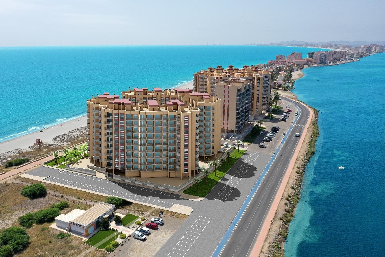 NYBYGGET BOLIGKOMPLEKS I LA MANGA 

Nybygget boligkompleks ligger på et unikt og spesielt sted, mellom to hav, i en privilegert beliggenhet og med alle tjenestene du måtte trenge innen fingertuppene i regionen Murcia, vakker kystlinje med strendene i gjennomsiktig og grunt vann.
I dette boligkomplekset er leilighetene designet for å få mest mulig ut av hvert eneste hjørne av eiendommen, så vel som valg av materialer og design av boligene.
Lev en verden av opplevelser og behagelige øyeblikk med alle de tjenester og aktiviteter du ønsker innen fingertuppene.

Installasjoner - Klimaanlegg:
Klimaanlegg med kanaler, for varmt og kaldt, i hele huset (unntatt i distributører og bad) og betjenes av sentral konsoll.

Elektriske apparater:
Stekeovn i rustfritt stål.
Svart keramisk kokeplate med tre brennere.
Kjøleskap i rustfritt stål.
Avtrekkshette integrert i møbler.
Integrert oppvaskmaskin.

Fellesarealer:
Adgang til bygningen via hvit PVC-dør og doble vinduer med luftkammer.
Inngangspartier og trappetrinn spesielt dekorert med nasjonal marmor.
Håndløper i hvit termo-lakkert aluminium på innvendige trapper.
Belysning med tilstedeværelsesdeteksjon i kjeller og innvendige fellesarealer.
Hvit motorisert leddport til garasje. 
Urbaniseringsrekkverk i rustfritt stål.
Video-inngangssystem.
Parabolantenne med europeiske kanaler.
Svømmebasseng med anlagt solarium.

La Manga del Mar Menor er en naturlig landstripe omgitt av to hav, Mar Menor og Middelhavet. Til denne sjeldenheten kan du legge til de mange fritids- og fritidsmulighetene, restauranter, supermarkeder, medisinske sensorer, apotek, nautiske sportssensorer, golfbaner.
La Manga ligger på nordkysten av Costa Calida og er et populært feriemål for turister. Den smale landstripen som skiller den varme lagunen fra det kaldere havet, har et unikt mikroklima. Det er et av de mest eksotiske områdene i Spania.
Corvera flyplass ligger ca. 1 times kjøretur unna, og Alicante flyplass ligger ca. 2 timer unna.