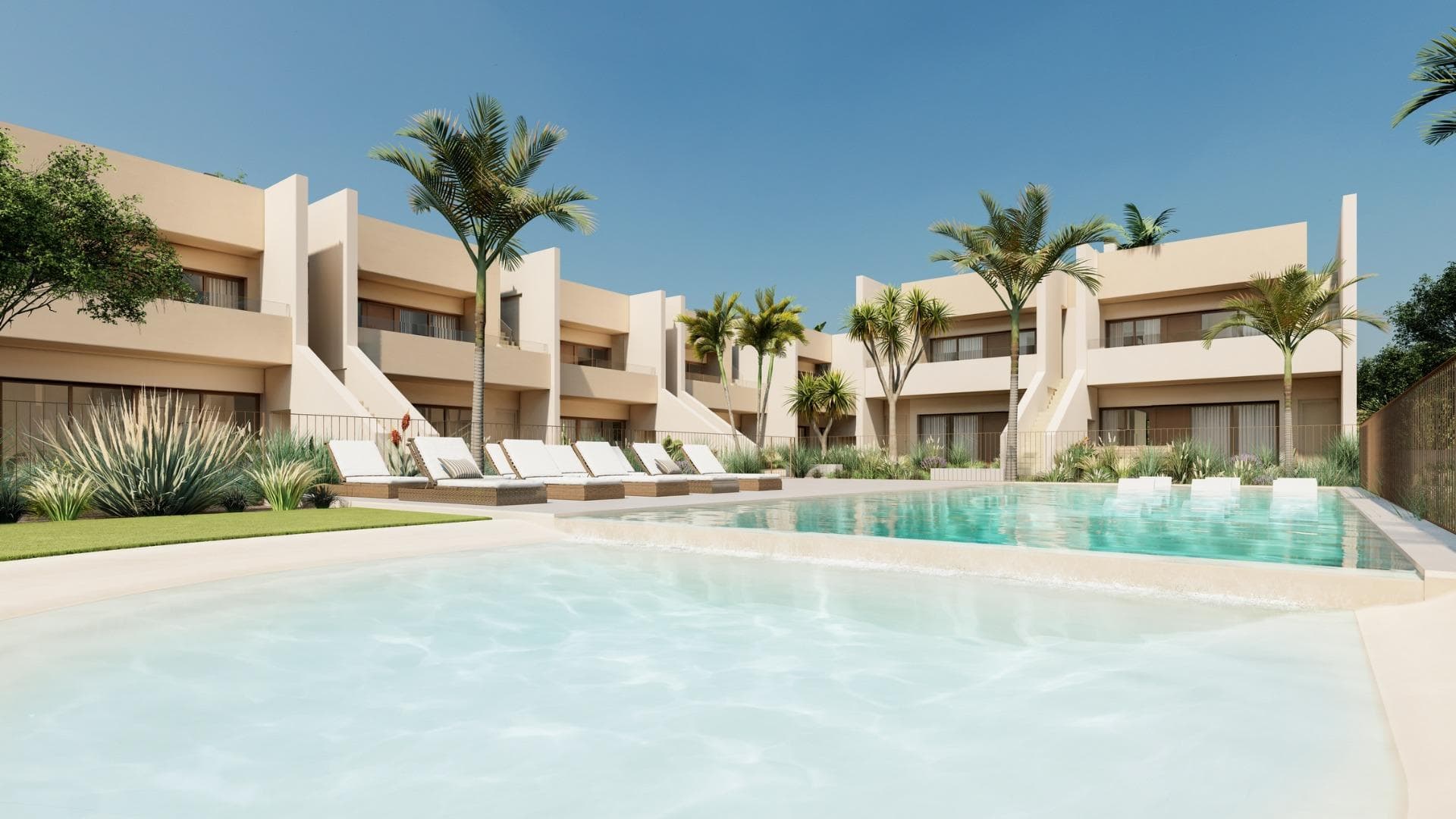 NYBYGDE BUNGALOWER I RODA GOLF

Nybygget boligkompleks som ligger på en sørvendt tomt i det prestisjetunge Roda Golf &amp; Beach Resort, som grenser til banen med sine velstelte fairwayer og innsjøer.
Dette vakre komplekset består av 37 romslige boliger som omgir et fantastisk basseng og felles hager.

Dette moderne boligkomplekset tilbyr en rekke ulike typer boliger, utsikter og orienteringer, alt etter dine behov. Alle bungalowleilighetene har 3 doble soverom, 2 bad, en lys og romslig stue/spisestue med åpen planløsning og amerikansk kjøkken og en fantastisk uteplass. Alle har parkeringsplass utenfor veien og et privat oppbevaringsrom.

De 18 bungalowene i første etasje har en innvendig terrasse og hage som fører ut til felleshagen og bassengområdet, samt en stor, inngjerdet terrasse og hage på baksiden.
De 18 toppleilighetene har en balkong på forsiden av stuen, samt et fantastisk, 90 m2 stort privat takterasse med sommerkjøkken.

Boligkomplekset er designet for å maksimere bruken av plass og lys. Dette eksklusive tilbudet er en ekte oase på Costa Calida i Spania, og det er flott bygget og inkluderer et bredt utvalg av ekstrautstyr.

I hjertet av prosjektet ligger et fantastisk felles bassengområde, omgitt av middelhavsvegetasjon. Takket være den sørvendte beliggenheten er det et perfekt sted å bade, slappe av og nyte solen hele dagen.

I tillegg til den fantastiske innvendige plassen, har boligene i første etasje en vakker terrasse foran og en ekstra, privat hage som fører ut til det indre av boligkomplekset med sine fantastiske felleshager og bassengområde.

I tillegg har de en bakre terrasse og en lukket hage for maksimalt privatliv, med en port som fører ut til utsiden av urbanisasjonen. Den doble orienteringen sikrer at boligene har både sol og skygge hele dagen.

En vakkert vedlikeholdt, Dave Thomas-designet 18-hullsbane med innsjøer, strategisk plasserte bunkere, bølgende greener og frodig middelhavsvegetasjon. Et privat feriested med 24 timers vakthold, egen taxistasjon, et fantastisk klubbhus med a la carte-restaurant, treningsstudio med utsikt over innsjøen og idrettsområde. Og alt dette bare en spasertur eller sykkeltur unna strendene og det rolige vannet i Mar Menor-innlandslagunen.

Dette boligområdet har et fantastisk utvalg av gylne sandstrender rett utenfor døren, i tillegg til et bredt utvalg av vannsport. Nyt både Mar Menor og Middelhavet fra dette paradiset på Murcias kystlinje.