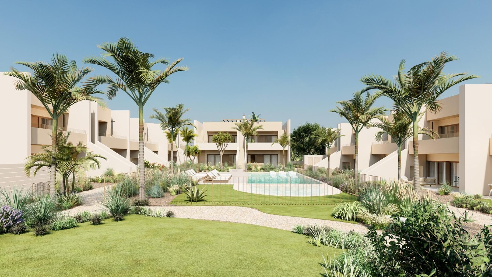 NYBYGDE BUNGALOWER I RODA GOLF

Nybygget boligkompleks som ligger på en sørvendt tomt i det prestisjetunge Roda Golf &amp; Beach Resort, som grenser til banen med sine velstelte fairwayer og innsjøer.
Dette vakre komplekset består av 37 romslige boliger som omgir et fantastisk basseng og felles hager.

Dette moderne boligkomplekset tilbyr en rekke ulike typer boliger, utsikter og orienteringer, alt etter dine behov. Alle bungalowleilighetene har 3 doble soverom, 2 bad, en lys og romslig stue/spisestue med åpen planløsning og amerikansk kjøkken og en fantastisk uteplass. Alle har parkeringsplass utenfor veien og et privat oppbevaringsrom.

De 18 bungalowene i første etasje har en innvendig terrasse og hage som fører ut til felleshagen og bassengområdet, samt en stor, inngjerdet terrasse og hage på baksiden.
De 18 toppleilighetene har en balkong på forsiden av stuen, samt et fantastisk, 90 m2 stort privat takterasse med sommerkjøkken.

Boligkomplekset er designet for å maksimere bruken av plass og lys. Dette eksklusive tilbudet er en ekte oase på Costa Calida i Spania, og det er flott bygget og inkluderer et bredt utvalg av ekstrautstyr.

I hjertet av prosjektet ligger et fantastisk felles bassengområde, omgitt av middelhavsvegetasjon. Takket være den sørvendte beliggenheten er det et perfekt sted å bade, slappe av og nyte solen hele dagen.

I tillegg til den fantastiske innvendige plassen, har boligene i første etasje en vakker terrasse foran og en ekstra, privat hage som fører ut til det indre av boligkomplekset med sine fantastiske felleshager og bassengområde.

I tillegg har de en bakre terrasse og en lukket hage for maksimalt privatliv, med en port som fører ut til utsiden av urbanisasjonen. Den doble orienteringen sikrer at boligene har både sol og skygge hele dagen.

En vakkert vedlikeholdt, Dave Thomas-designet 18-hullsbane med innsjøer, strategisk plasserte bunkere, bølgende greener og frodig middelhavsvegetasjon. Et privat feriested med 24 timers vakthold, egen taxistasjon, et fantastisk klubbhus med a la carte-restaurant, treningsstudio med utsikt over innsjøen og idrettsområde. Og alt dette bare en spasertur eller sykkeltur unna strendene og det rolige vannet i Mar Menor-innlandslagunen.

Dette boligområdet har et fantastisk utvalg av gylne sandstrender rett utenfor døren, i tillegg til et bredt utvalg av vannsport. Nyt både Mar Menor og Middelhavet fra dette paradiset på Murcias kystlinje.
