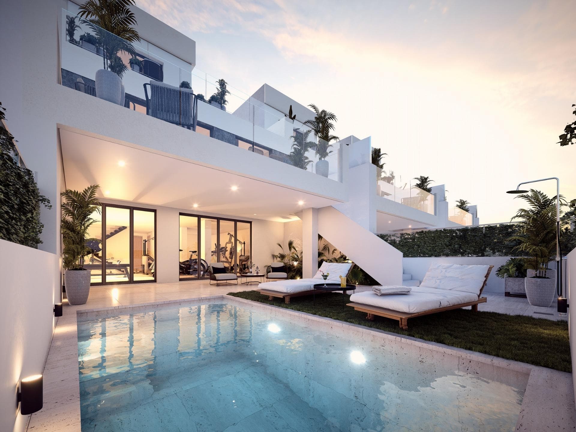 Luksus golfvillaer i Los Alcázares, Murcia
Denne eksklusive samlingen av luksusvillaer i Los Alcázares, Murcia, er perfekt plassert på første linje på en prestisjefylt golfbane. Med fantastisk utsikt og direkte tilgang til fairwayene, er disse villaene ideelle for golfelskere og de som søker en eksklusiv livsstil.

Moderne design med private bassenger
Hver villa er omhyggelig designet med moderne arkitektur og har et privat basseng for avslapning. Villaene, som kan leveres som tomannsboliger eller rekkehus, har store vinduer og åpen planløsning, noe som skaper en lys og innbydende atmosfære. Disse villaene kombinerer sømløst eleganse med hverdagens praktiske løsninger.

Førsteklasses finish og komfort
Innvendig finner du moderne kjøkken med førsteklasses hvitevarer og luksuriøse bad med førsteklasses armaturer. De romslige oppholdsrommene er innredet med tanke på komfort, mens uteområdene, inkludert anlagte hager og terrasser, gir en fredelig ramme for uteservering eller avslapping ved bassenget.

Førsteklasses beliggenhet i Los Alcázares
Disse villaene ligger bare 3 km fra strendene i Mar Menor og 30 km fra Murcia-Corvera lufthavn, og gir enkel tilgang til viktige attraksjoner. Det pulserende sentrum ligger 2 km unna, og Cartagenas historiske havn ligger innen en 20 km kjøretur.

En unik mulighet
Disse villaene tilbyr en luksuriøs livsstil, perfekt som permanent bolig eller feriested på et av Spanias mest ettertraktede steder.