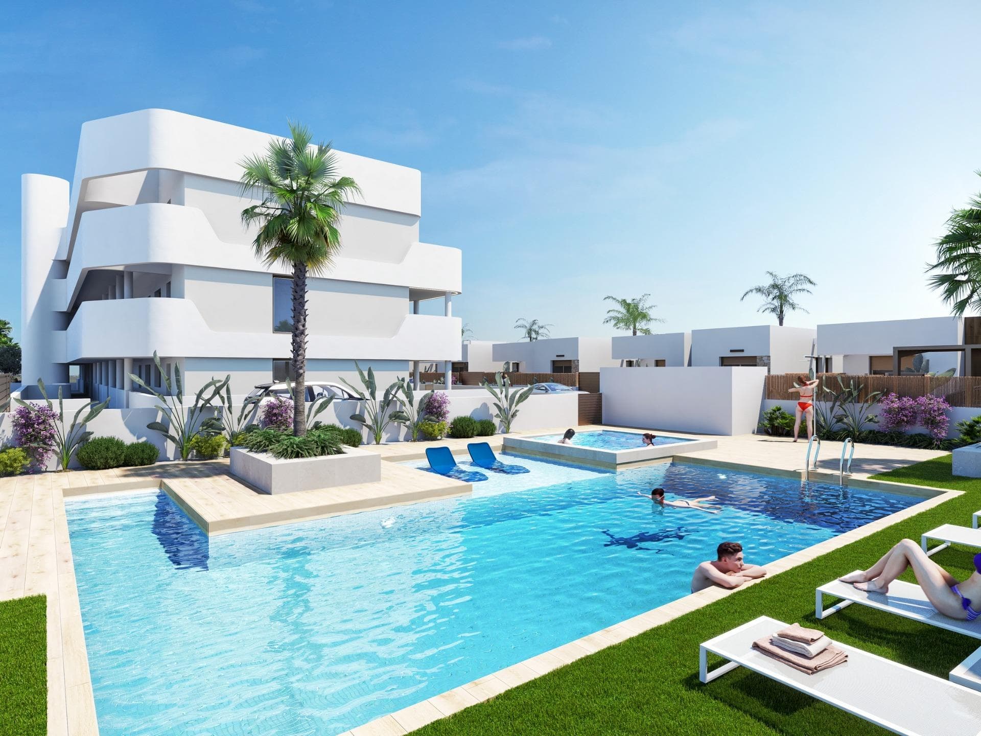 Nybygget boligkompleks i Los Alcazares

Los Alcázares er et idyllisk sted for de som ønsker å investere i en ny bolig på Costa Cálida. Området ligger bare 25 minutter fra Murcia lufthavn og ca. 55 minutter fra Alicante lufthavn, og har gode forbindelser via motorveien til store byer som Cartagena, Murcia og Alicante, samt til andre vakre strender langs Costa Cálida og Costa Blanca.

Det nybygde boligområdet består av 16 moderne leiligheter med 2 og 3 soverom, samt 6 eksklusive villaer med 3 soverom. Disse eiendommene kombinerer moderne design med kvalitet og funksjonalitet på en vakker måte, og passer til en rekke ulike livsstiler. Beboerne kan nyte den fantastiske utsikten over både golfbanen og den pittoreske Mar Menor, noe som bidrar til å forbedre den generelle boopplevelsen.

Denne beliggenheten ligger rett ved første linje på den prestisjetunge La Serena Golf-banen, som er kjent for sine sammenvevde innsjøer og frodige vegetasjon, og er et paradis for golfspillere. Banen har vannhinder på 16 av de 18 hullene, noe som gir unike utfordringer og strategisk spill for alle ferdighetsnivåer. I tillegg har eiendommen direkte gangforbindelse til sentrum, slik at beboerne kan oppleve områdets rolige skjønnhet samtidig som de har tilgang til lokale fasiliteter og tjenester.

Mar Menor, Europas største saltvannslagune, er en av regionens største attraksjoner. Den dekker 170 km² og består av fem sjarmerende øyer. Det varme, rolige vannet og de milde bølgene gjør det til et ideelt reisemål for bading og en rekke vannsporter, og det appellerer til både naturentusiaster og eventyrlystne.

Dette eksklusive boligprosjektet i Los Alcázares er ikke bare et hjem, men et livsstilsvalg som kombinerer luksusliv med Costa Cálidas naturlige skjønnhet. Enten du er en ivrig golfspiller, vannsportentusiast eller bare søker et rolig tilfluktssted ved kysten, gir dette stedet en unik mulighet til å nyte det beste av middelhavslivet.