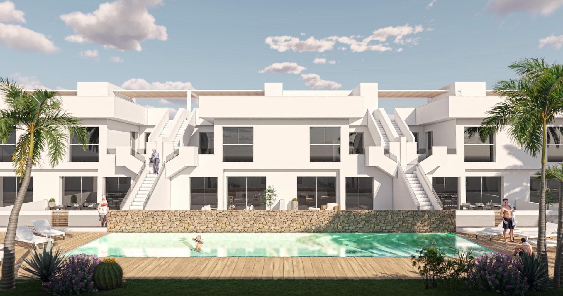 New Build Bungalow Residential Complex in Pilar de la Horadada

Exclusive Modern Bungalows in Pilar de la Horadada
This new development offers 16 stylish bungalows in the desirable town of Pilar de la Horadada, located in the southernmost part of Costa Blanca. Choose between 2 or 3-bedroom options, each featuring 2 bathrooms. Ground-floor units come with spacious front and rear terraces, providing direct access to the communal pool and garden, while top-floor units boast a large private rooftop solarium.

Spacious Living with Modern Features
Each bungalow includes a bright and open living/dining area and a fully equipped kitchen with large sliding doors that connect the indoor and outdoor spaces seamlessly. Bedrooms feature built-in wardrobes. Ducted air conditioning is installed, and the complex includes an elevator for easy access to upper floors. Private parking spaces are also included for all units.

Prime Location in Pilar de la Horadada
Pilar de la Horadada is a traditional Spanish town with a lively main street offering supermarkets, shops, restaurants, and bars. The beautiful beaches of Torre de la Horadada and Mil Palmeras are just 5 minutes away. The development is conveniently located 40 km from Corvera Airport (Murcia) and 55 km from Alicante Airport, making it an ideal location for both permanent living and holiday getaways.